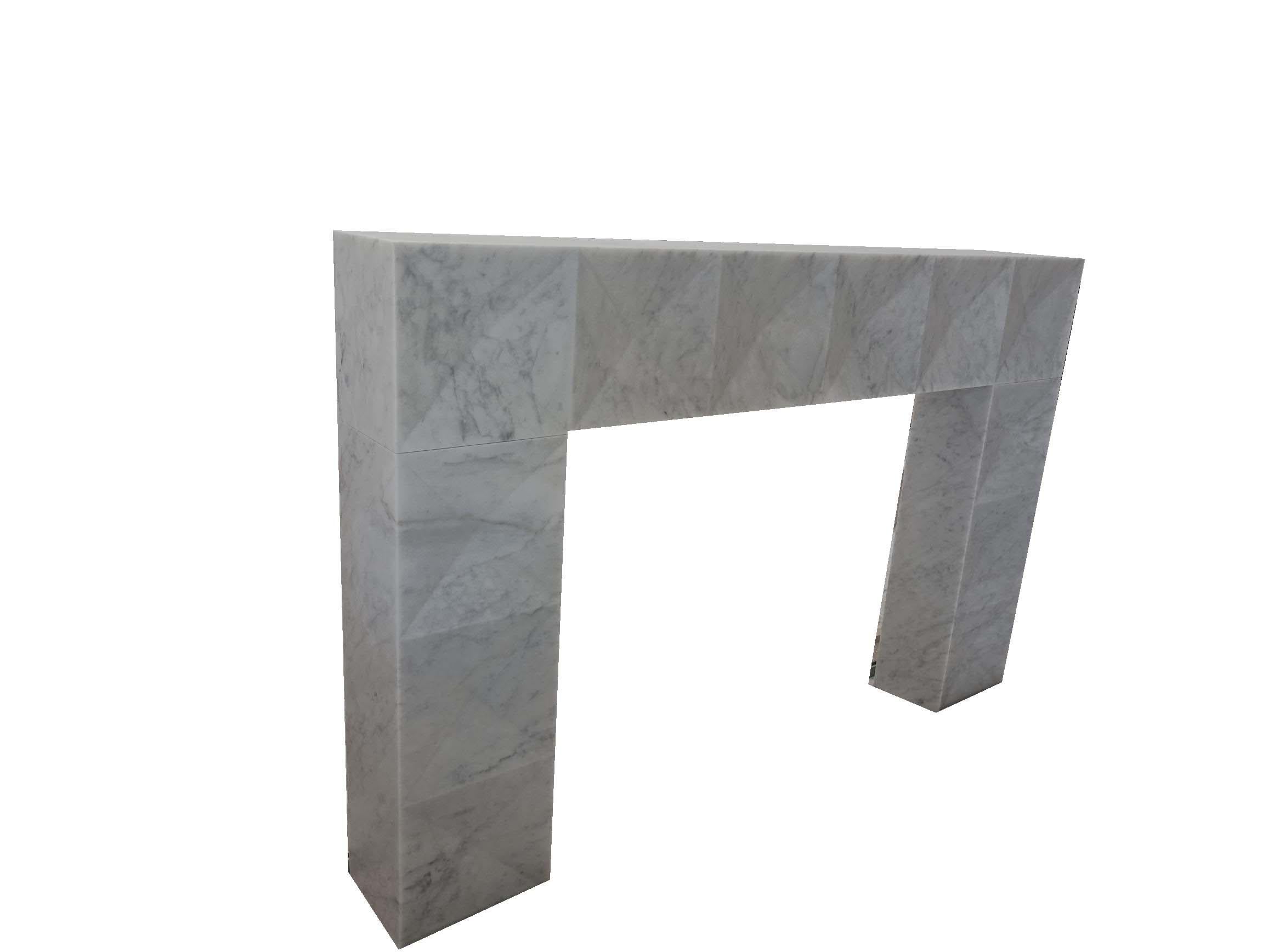 Reproduction Brutalist Mantel in Honed Carrara Marble In New Condition For Sale In New York, NY