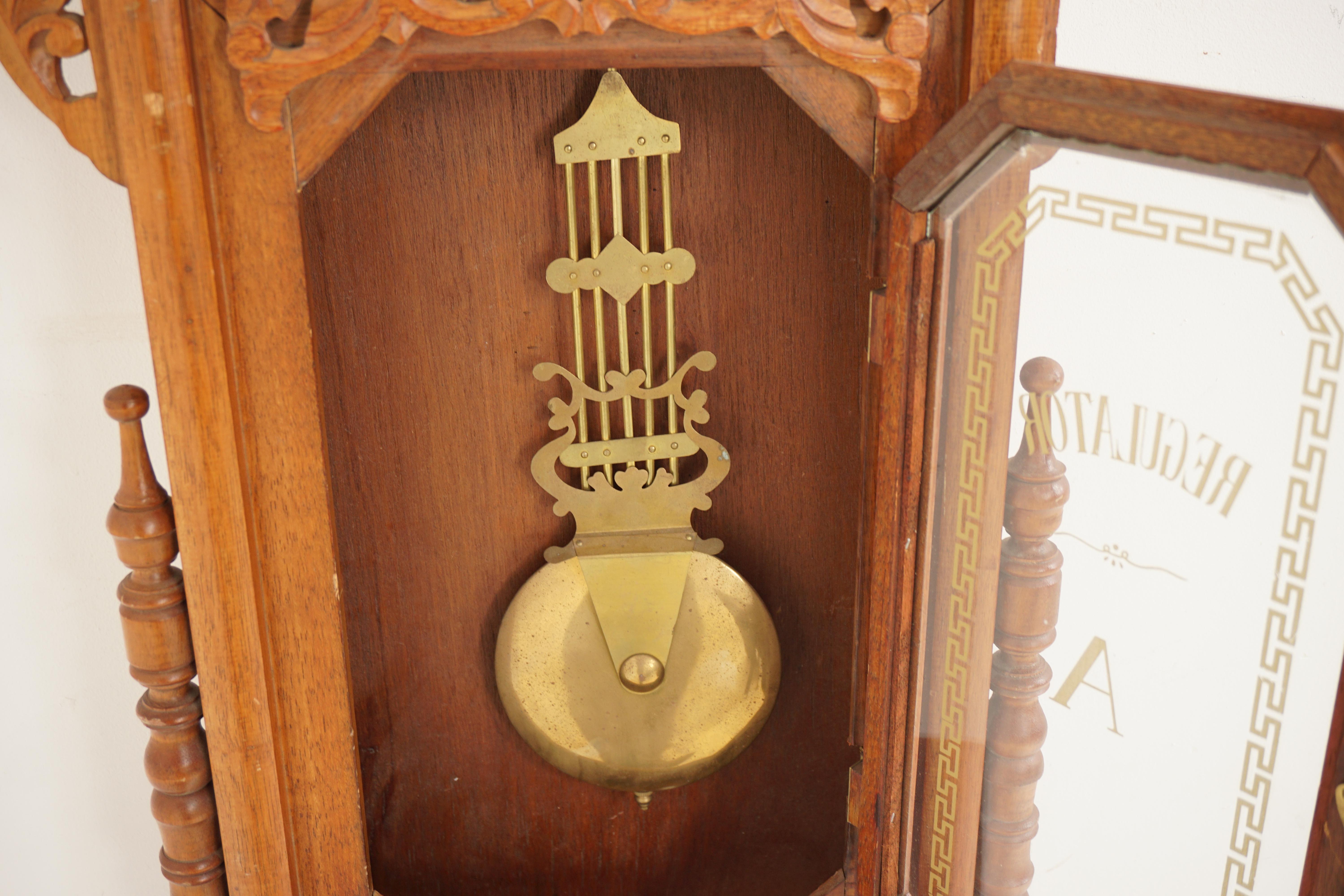 Reproduction Carved Walnut Regulator Wall Clock, 1960, H107 In Excellent Condition In Vancouver, BC