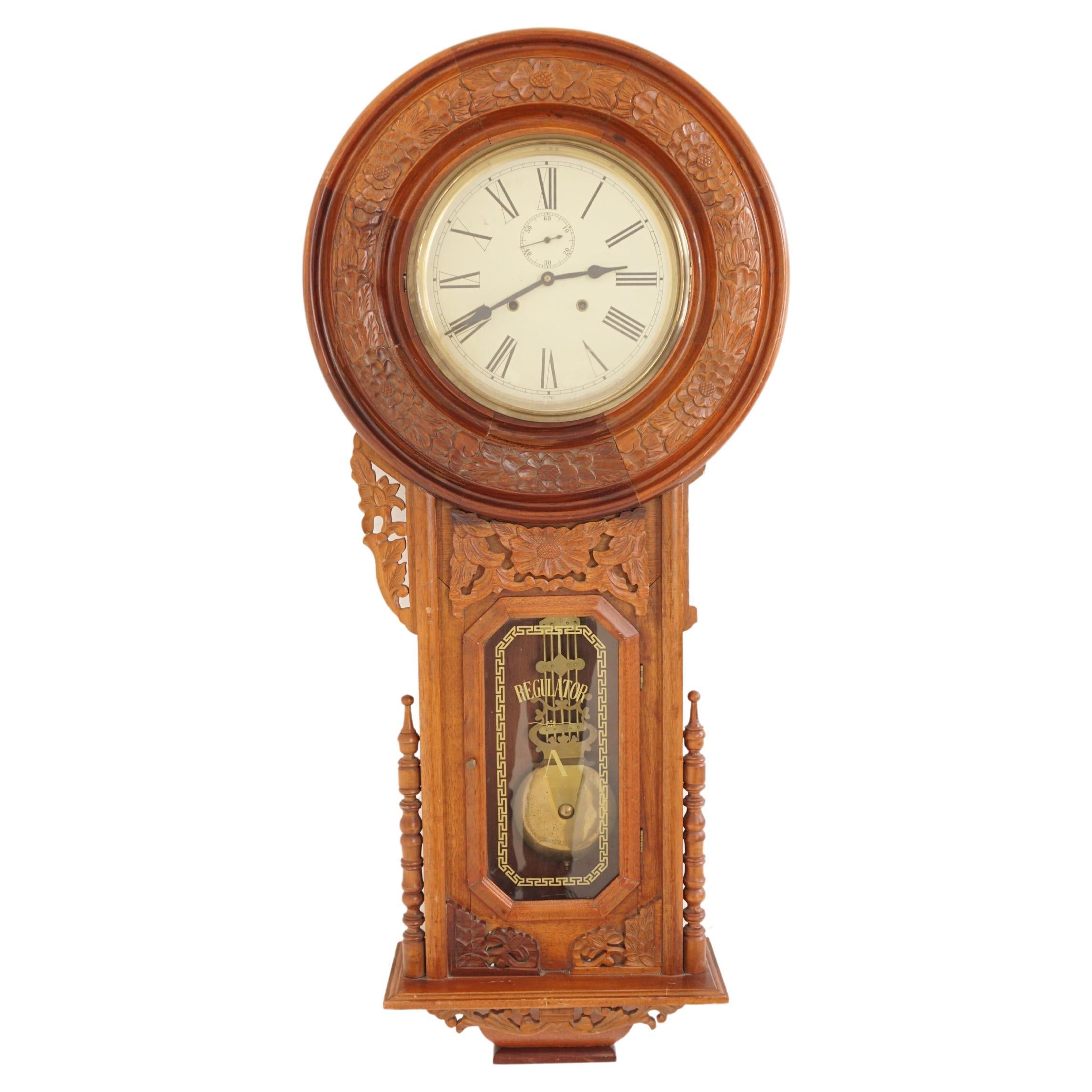 Reproduction Carved Walnut Regulator Wall Clock, 1960, H107