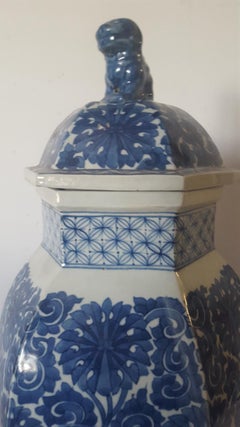 Reproduction Chinese Blue and White Pottery Container with a Fu Dog Topped Lid