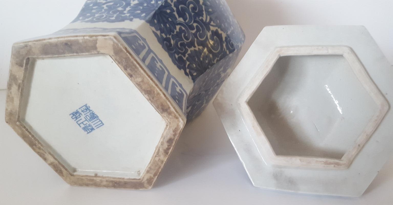 Glazed Reproduction Chinese Blue and White Pottery Container with a Fu Dog Topped Lid For Sale