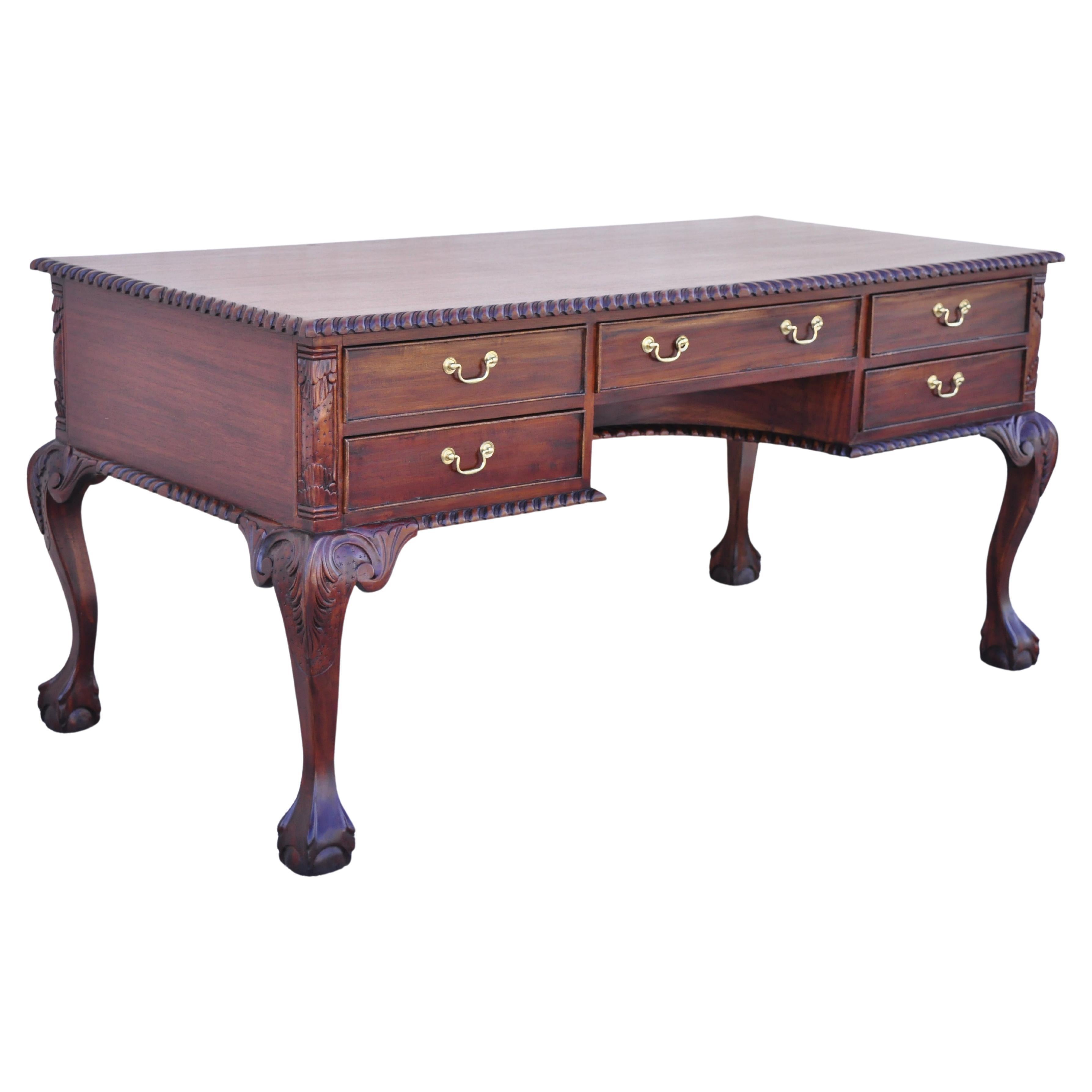 Reproduction English Chippendale Style Mahogany Ball Claw Executive Writing Desk For Sale