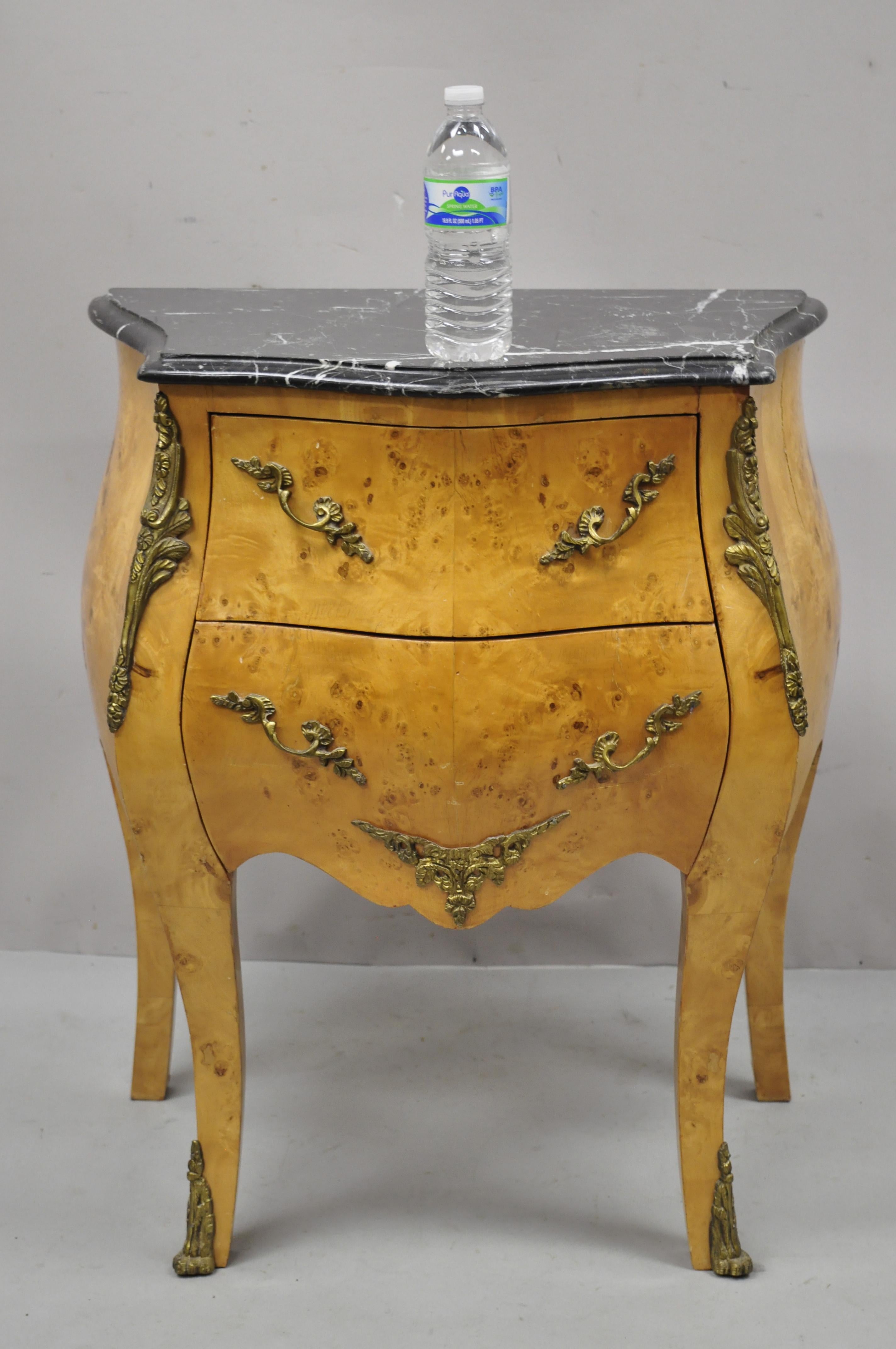 Reproduction French Louis XV Marble Top Burlwood Bombe Commode Nightstand Chest 5