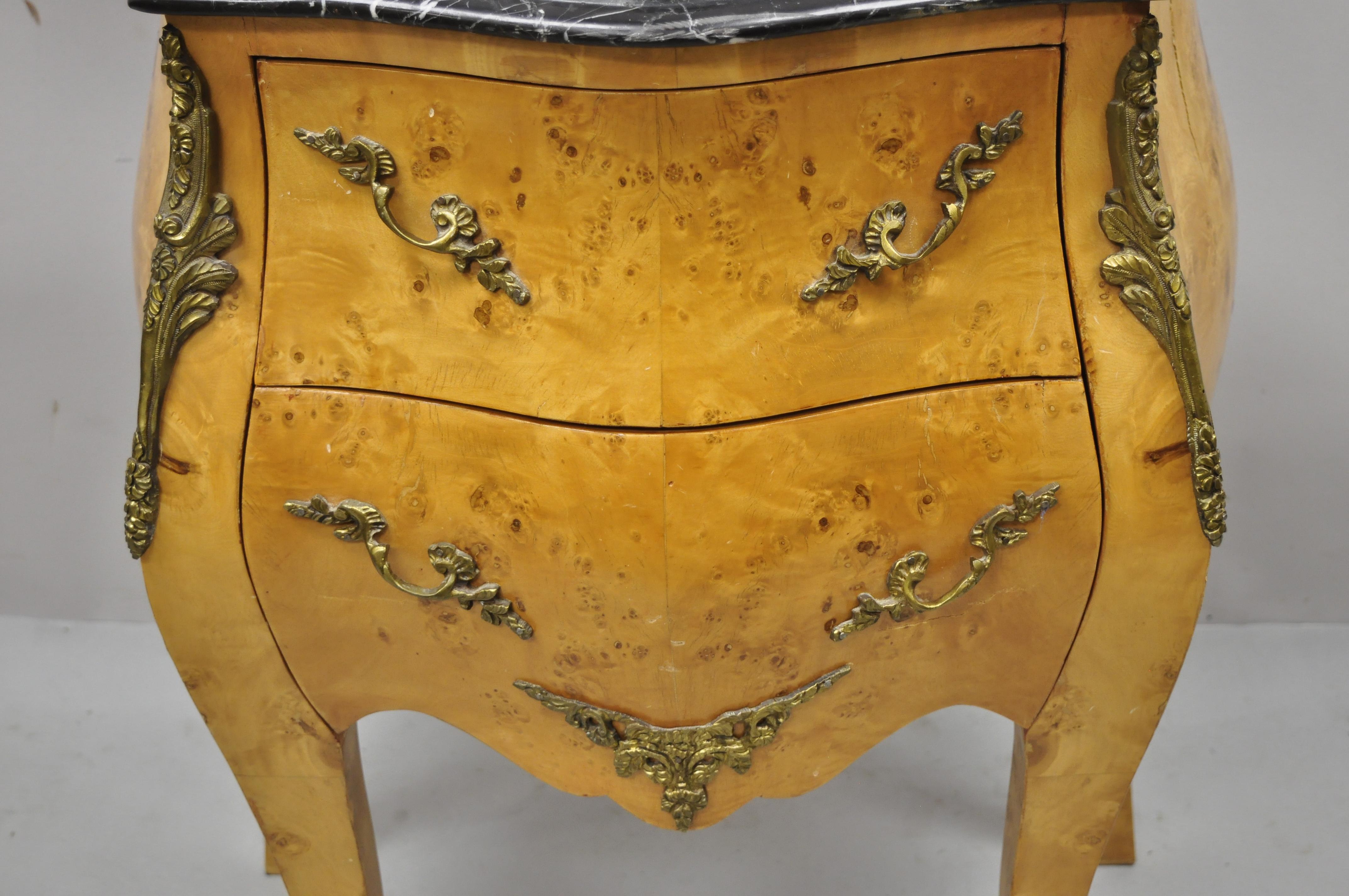 Reproduction French Louis XV style marble top burlwood small bombe commode nightstand chest. Item features shapely marble top, bronze ormolu, beautiful wood grain, 2 drawers, great style and form. Circa Late 20th Century. Measurements: 30.5