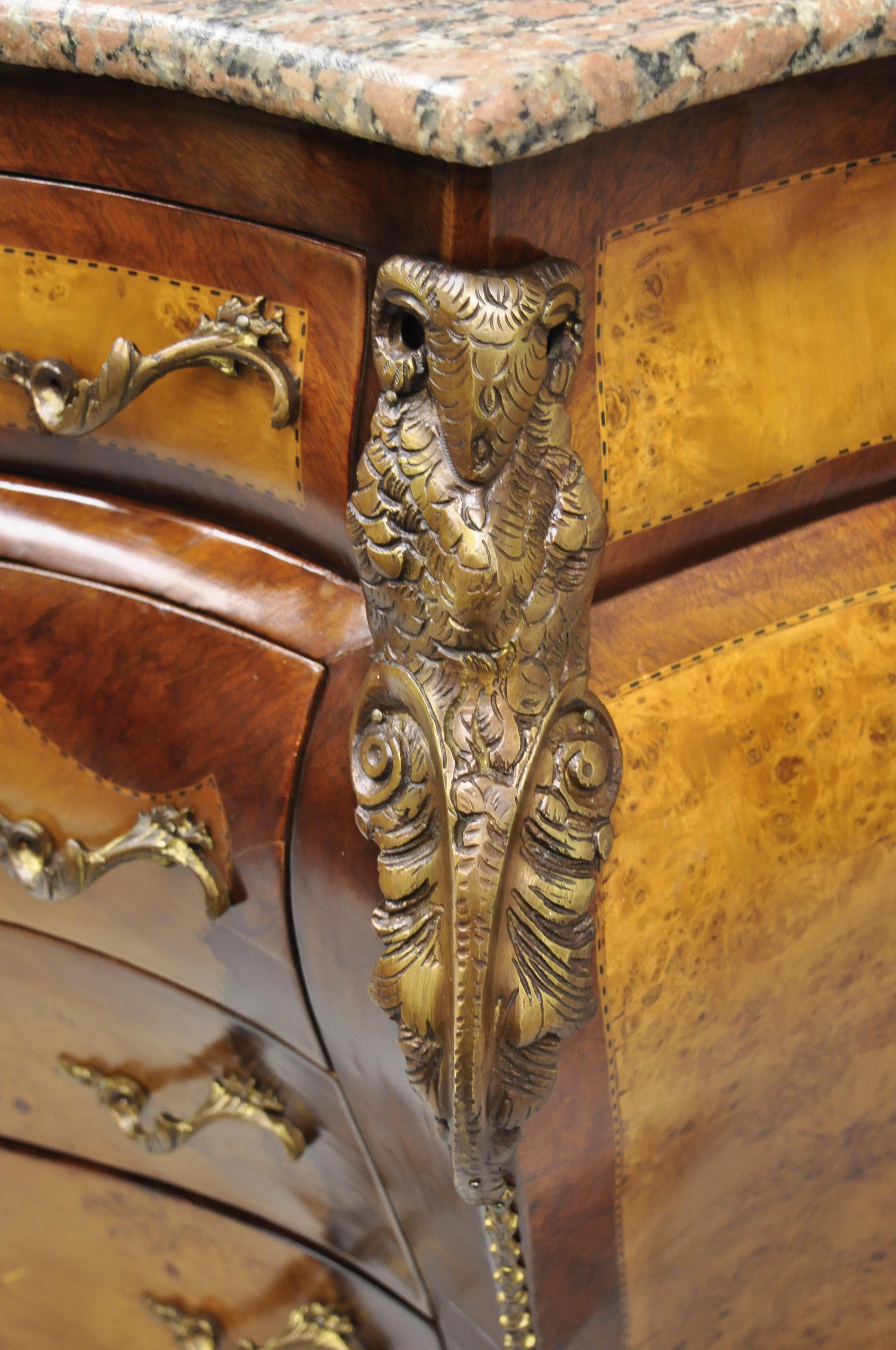 Reproduction French Louis XV Style Pink Marble Top Bombe Commode Dresser Chest In Good Condition For Sale In Philadelphia, PA