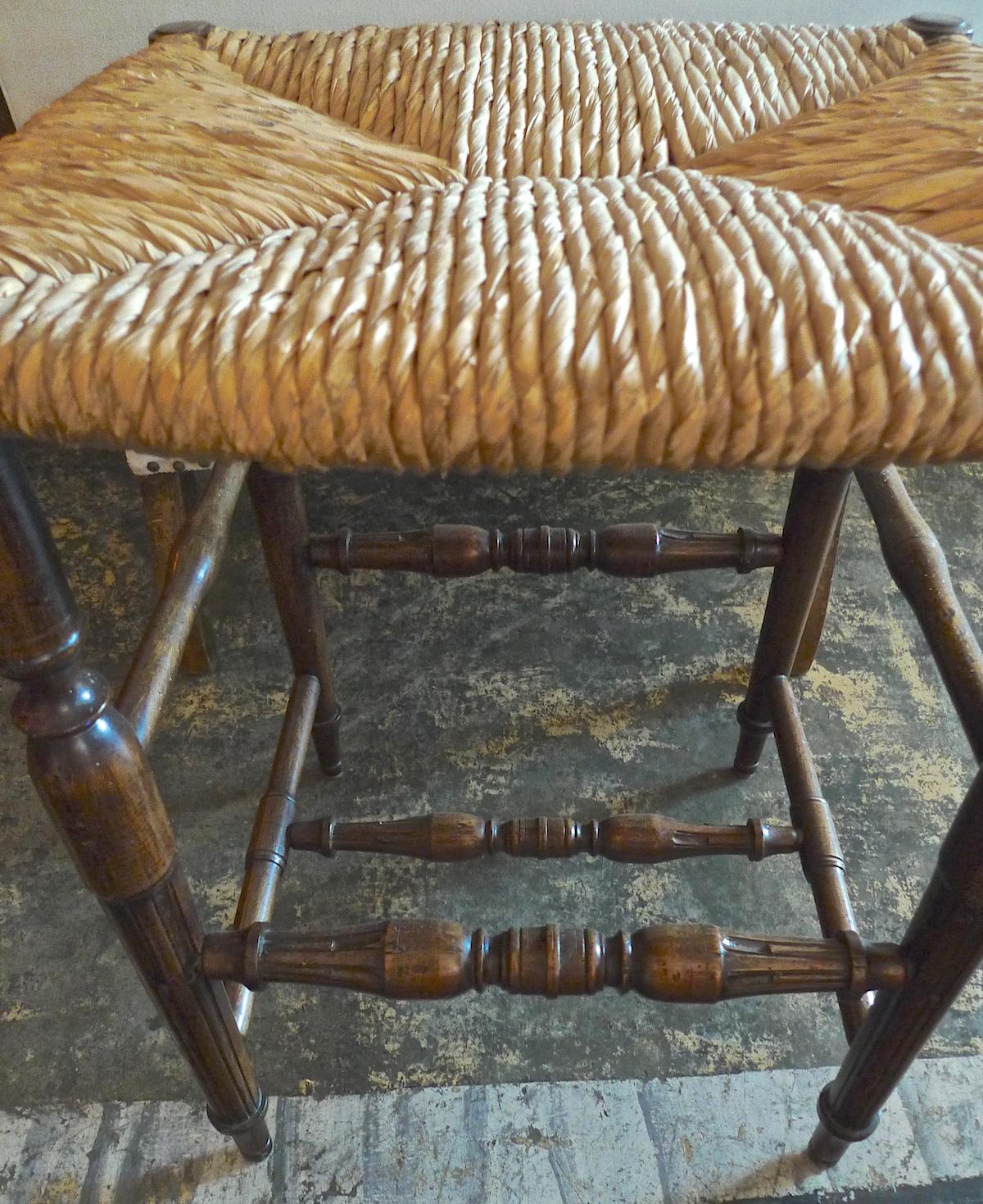 Stained Reproduction French Louis XVI Style Bar Stool with Rush Seat and No Back For Sale