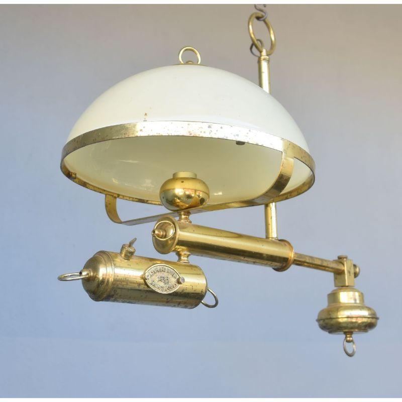 Chandelier reproduction of gas lantern in brass with opaline of dimension height 67 cm for a width of 74 cm and a depth of 40 cm.

Additional information: 
Material: Bronze, opaline, glass & crystal
Style: Vintage 1970.
