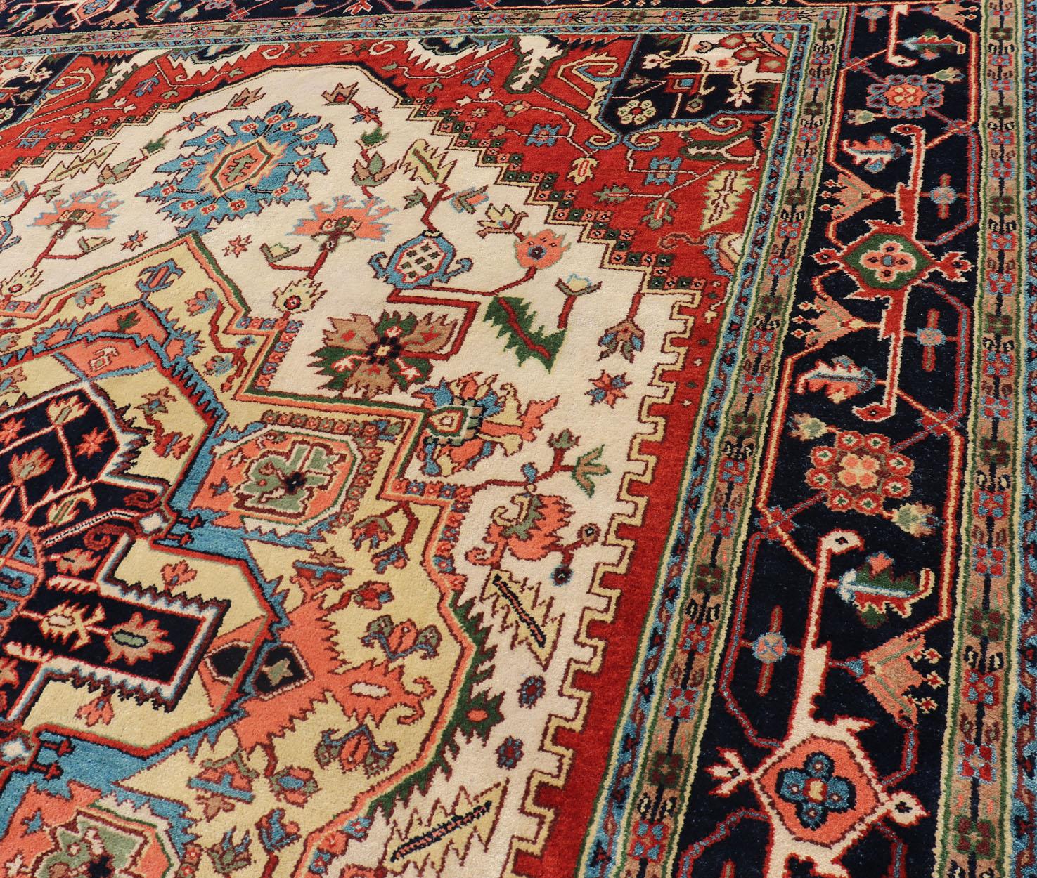 Persian Large Hand-Knotted Heriz-Serapi Design with Geometric Medallion in Jewel Colors For Sale