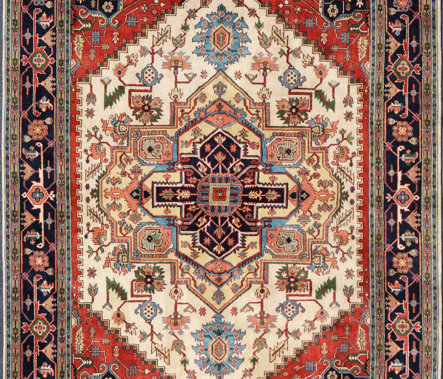 Wool Large Hand-Knotted Heriz-Serapi Design with Geometric Medallion in Jewel Colors For Sale