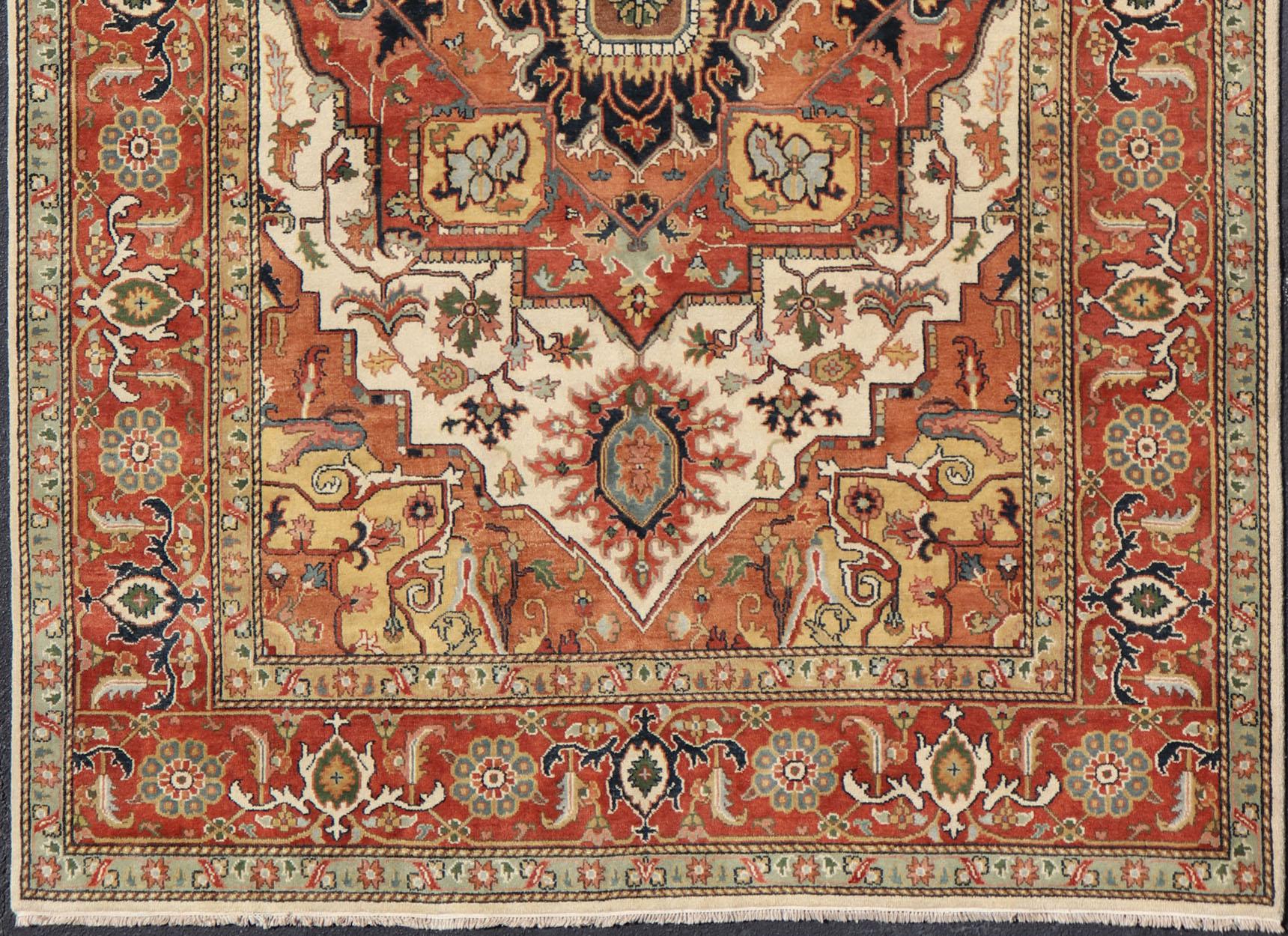 Large Hand-Knotted Heriz-Serapi Design with Geometric Medallion in softer Tones For Sale 3