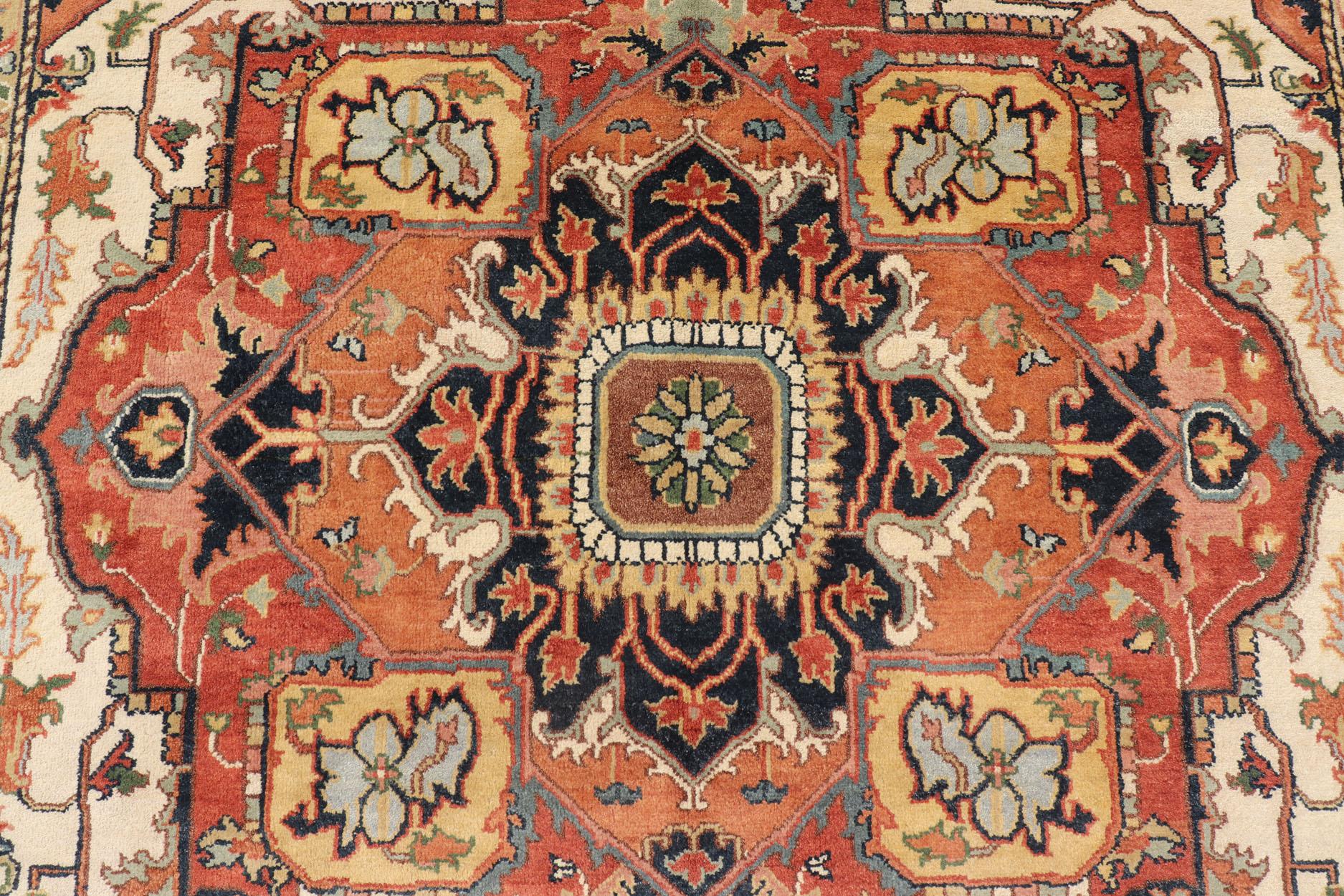 Large Hand-Knotted Heriz-Serapi Design with Geometric Medallion in softer Tones For Sale 8