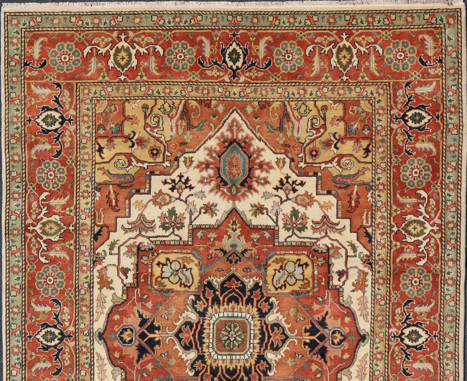 Large Hand-Knotted Heriz-Serapi Design with Geometric Medallion in softer Tones For Sale 1
