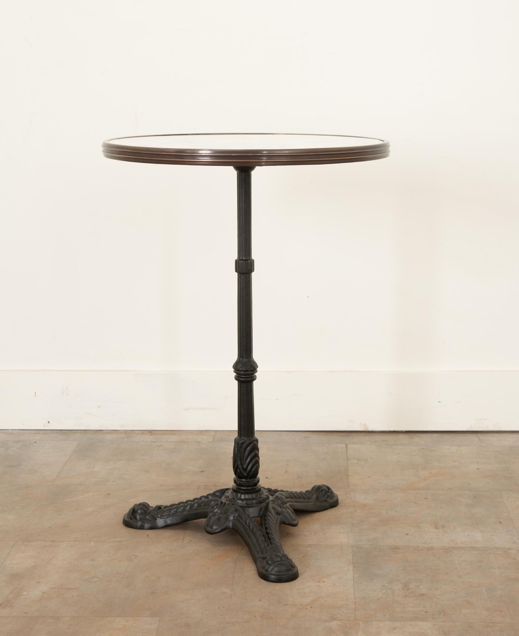 This classically designed bistro table is the perfect way to elevate any small dining space or bar room. Originally made popular during Paris’ Belle Époque, marble bistro tables such as this one, continue to be used in restaurants and bistros