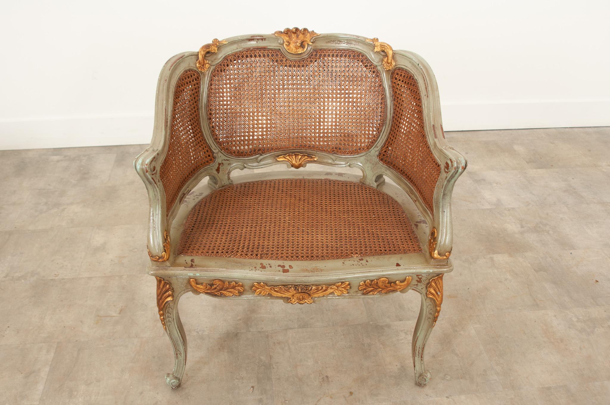 French Reproduction Louis XV Style Painted & Cane Bergere