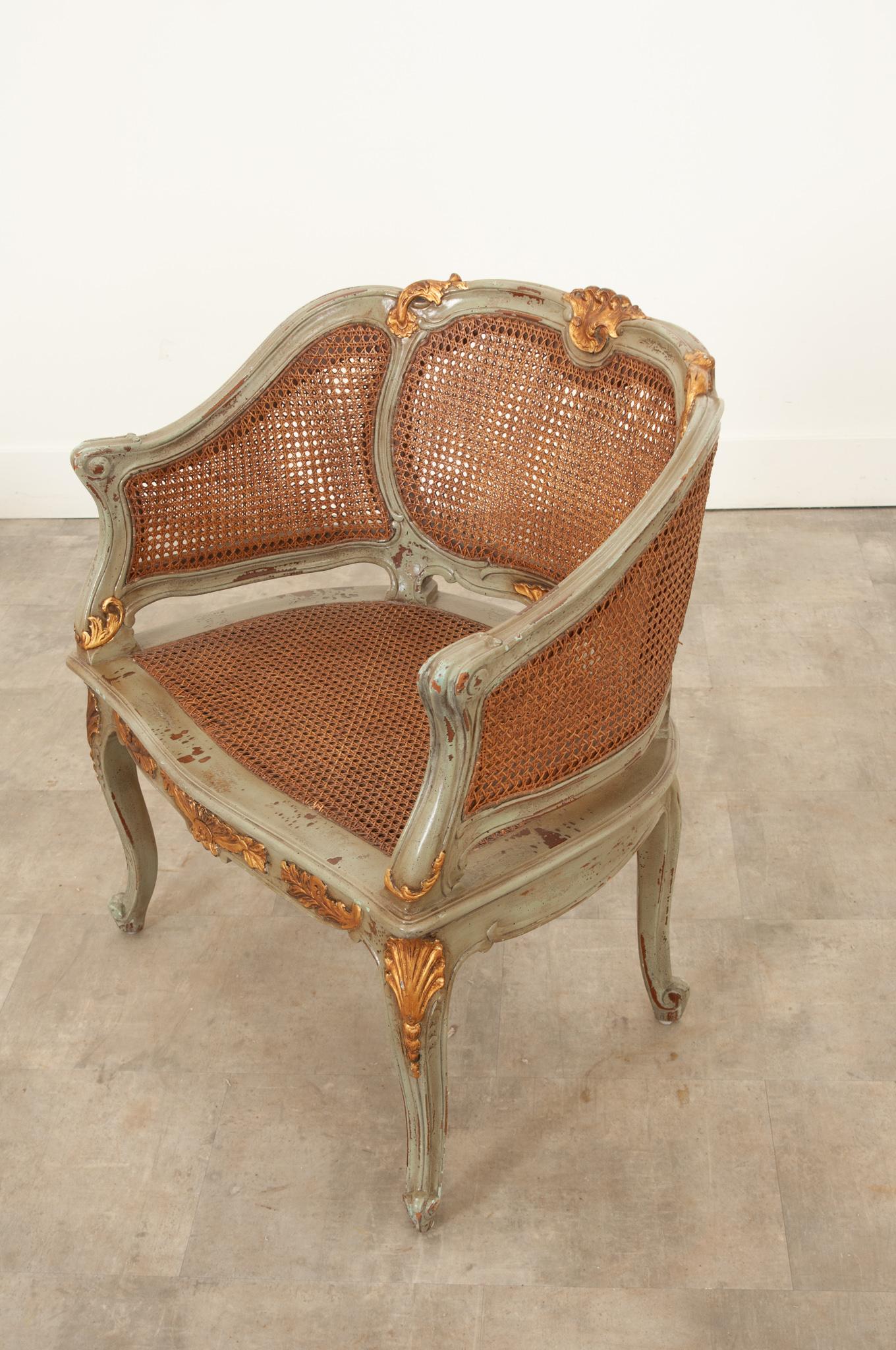 Caning Reproduction Louis XV Style Painted & Cane Bergere