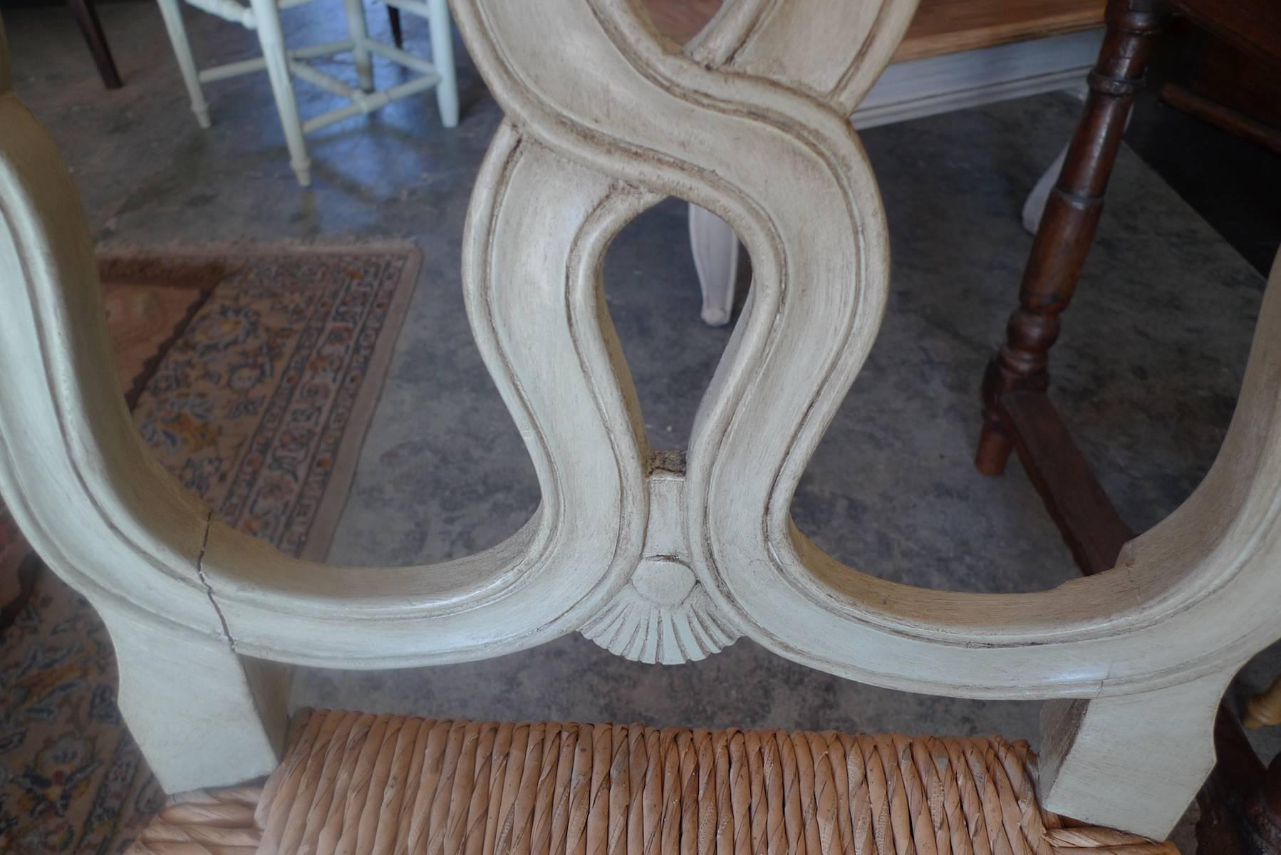 Hand-Carved 2 Reproduction Louis XVI Dining-Chairs with Large Rush Seat For Sale