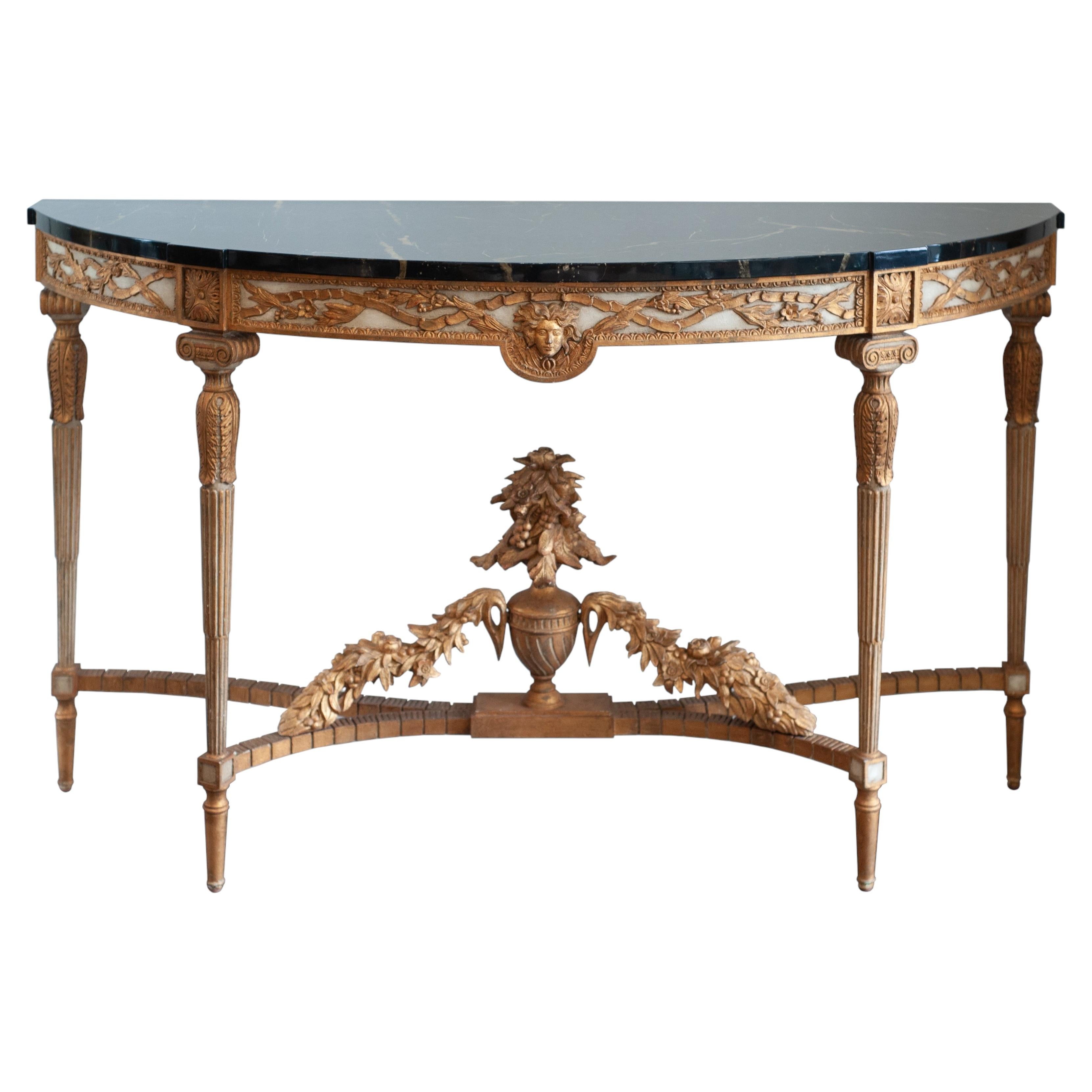 Reproduction Louis XVI-Style Demi-Lune Console Table & Trompe-L'œil Marble Top For Sale