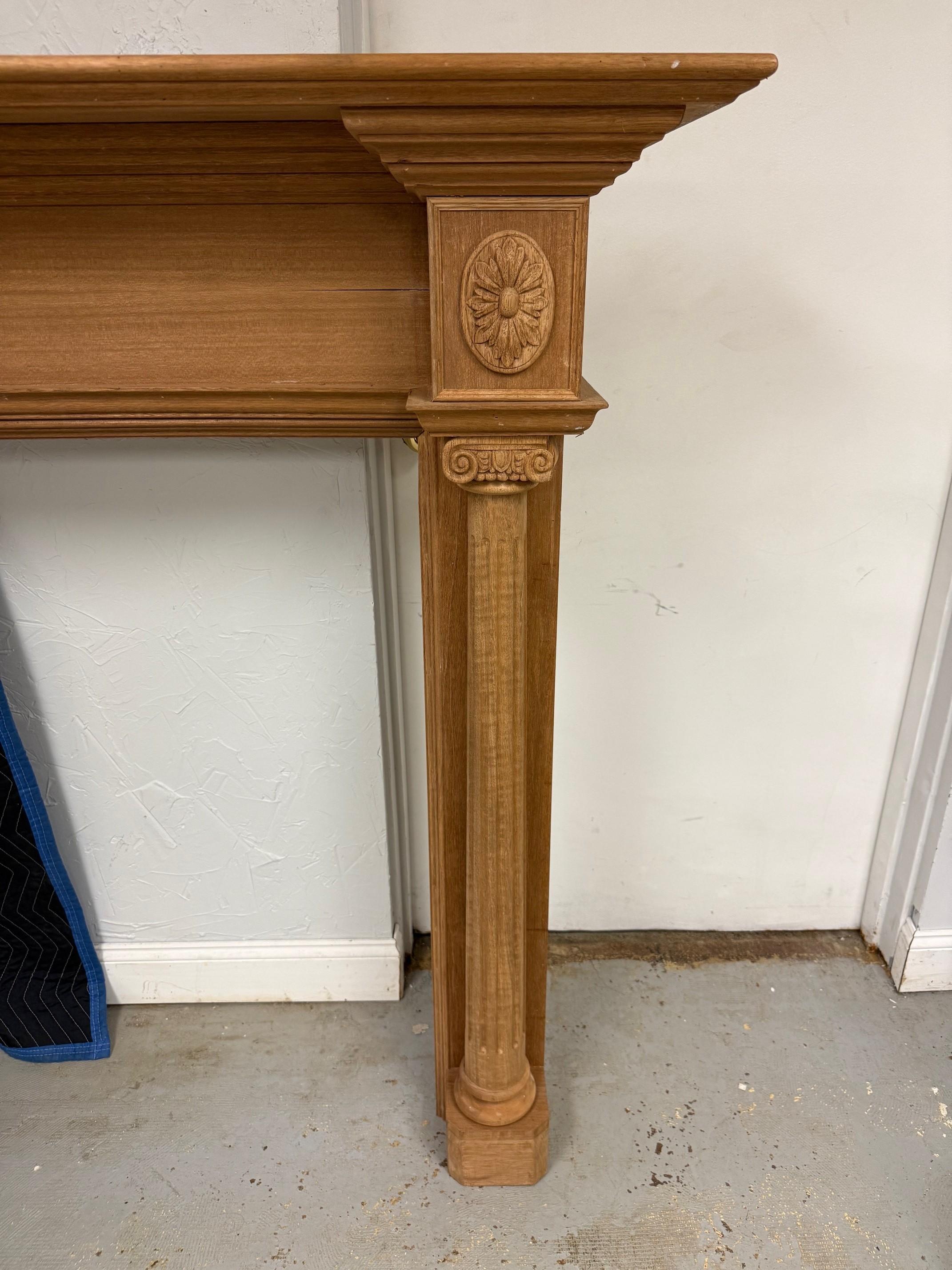 Contemporary Reproduction Mahogany Fireplace Mantel with Fluted Columns and Carved Capitals For Sale