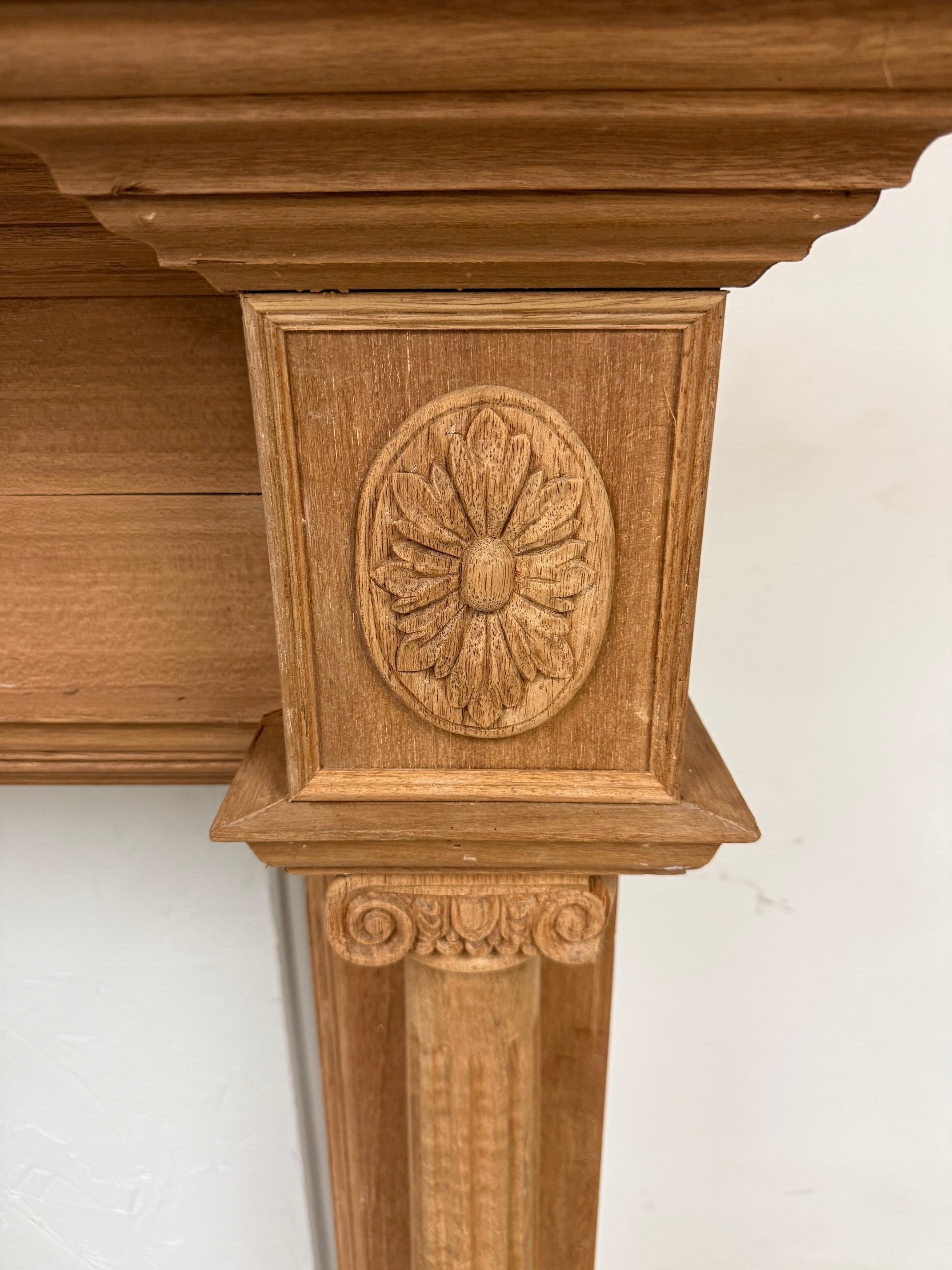 Wood Reproduction Mahogany Fireplace Mantel with Fluted Columns and Carved Capitals For Sale
