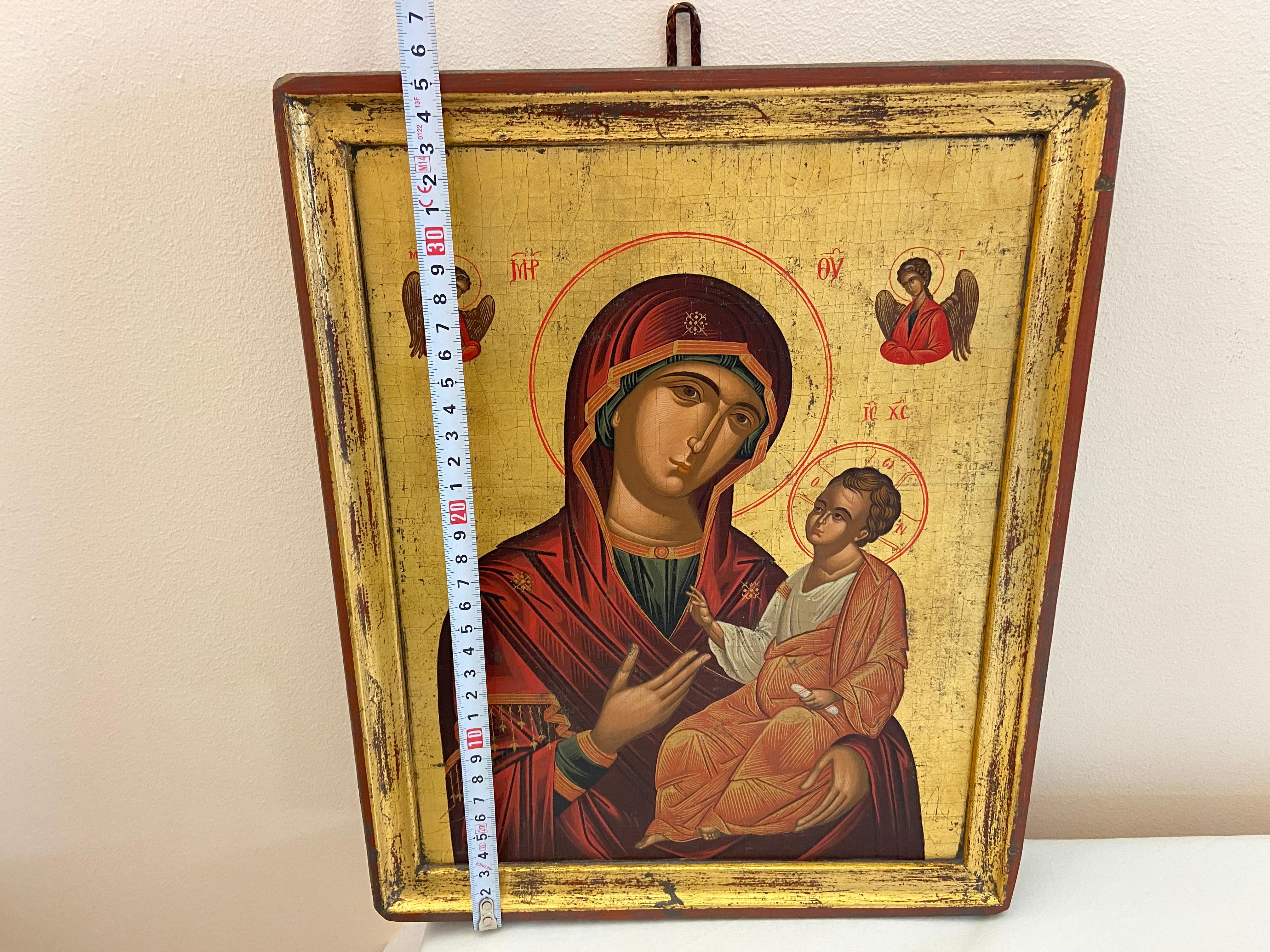 Classical Greek Reproduction of an Old Byzantine Icon, waxed fabric, seasoned wood