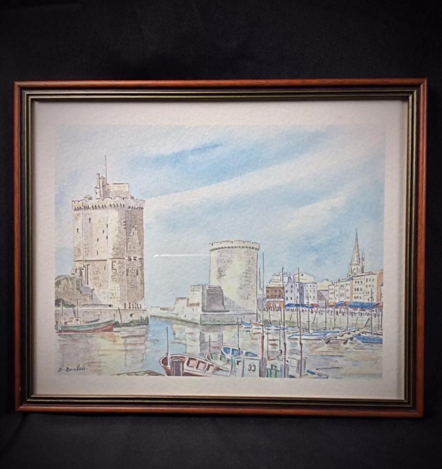 Cette magnifique reproduction d'une aquarelle originale de Didier Boulais capture la vue sereine et pittoresque du port de La Rochelle. Signée par l'artiste, cette œuvre respire le charme des paysages français classiques du XXe siècle. La