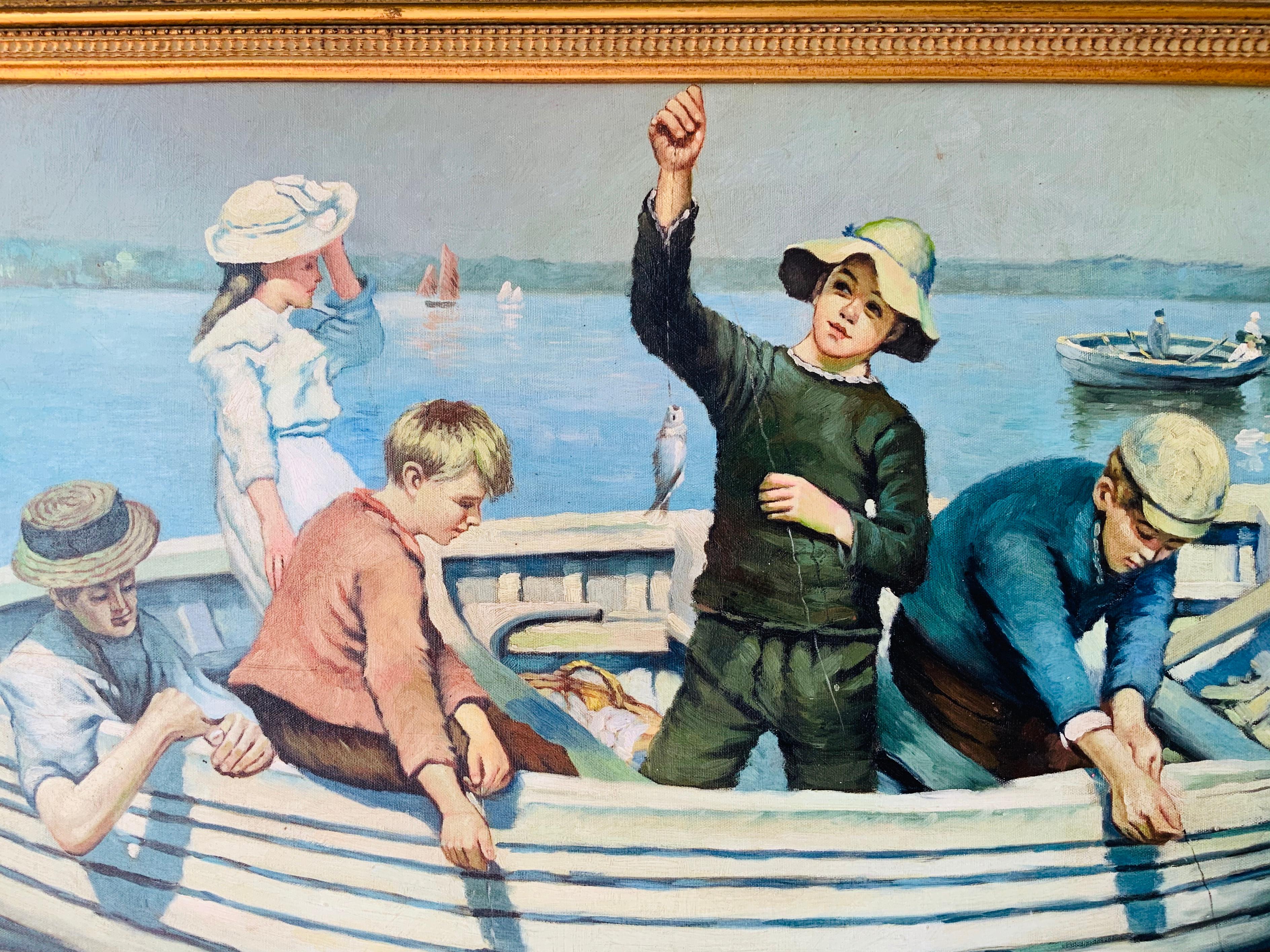 This is a reproduction of an oil on canvas painting depicting a late 19th century scene of a group of children on a canoe fishing herrings in Mount’s Bay on the English Channel Coast of Cornwall, United Kingdom. The profiles of the children are