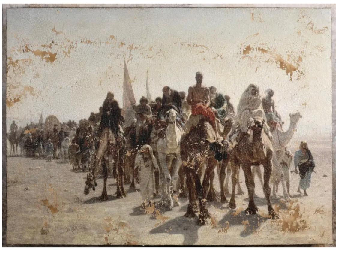 Pilgrims Going to Mecca is a wall reproduction inspired by the Orientalist work painted in 1861 by Léon Belly. Originally exhibited at the Paris Salon, the oil-on-canvas painting realistically and sensitively depicts the march of pilgrims across the