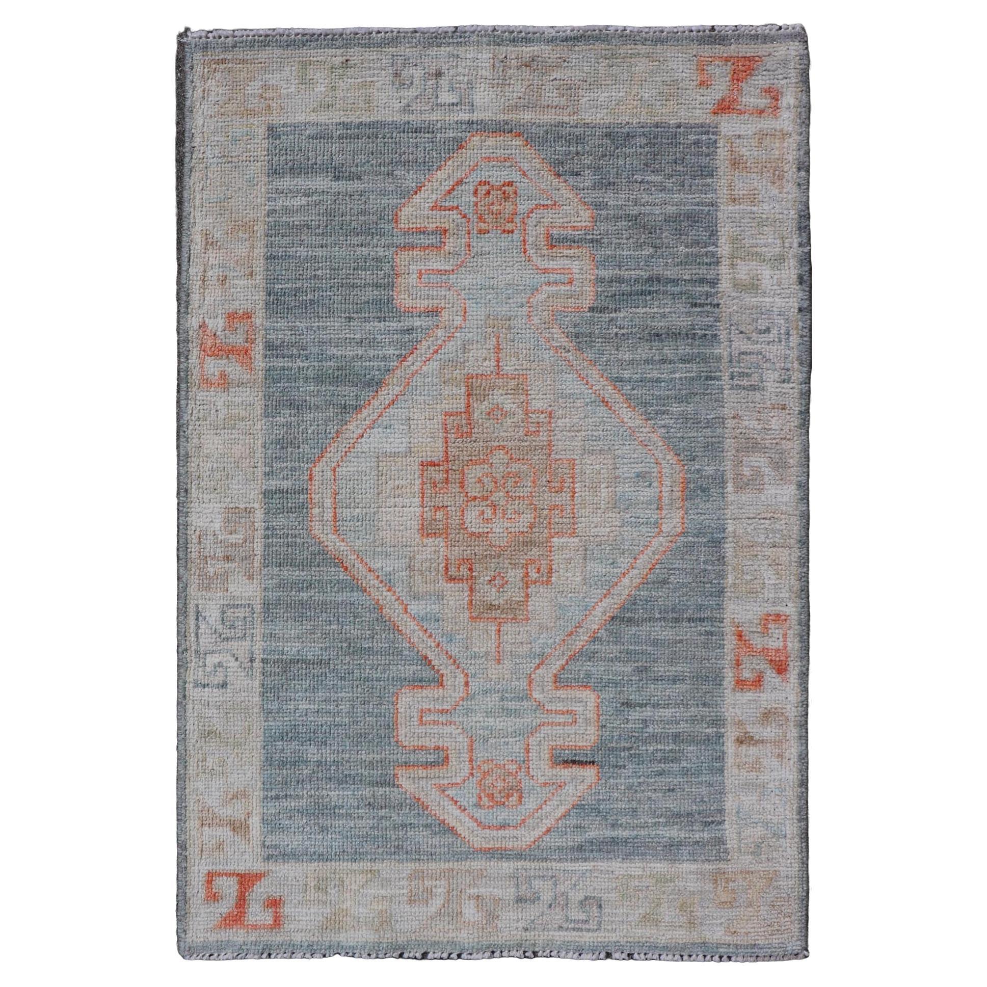 Reproduction Oushak Rug with Soft Gray, Ivory, and Coral Accents 2'1 x 3'3