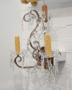 Reproduction Pair of Italian Beaded Crystal and Aged Brass Sconces