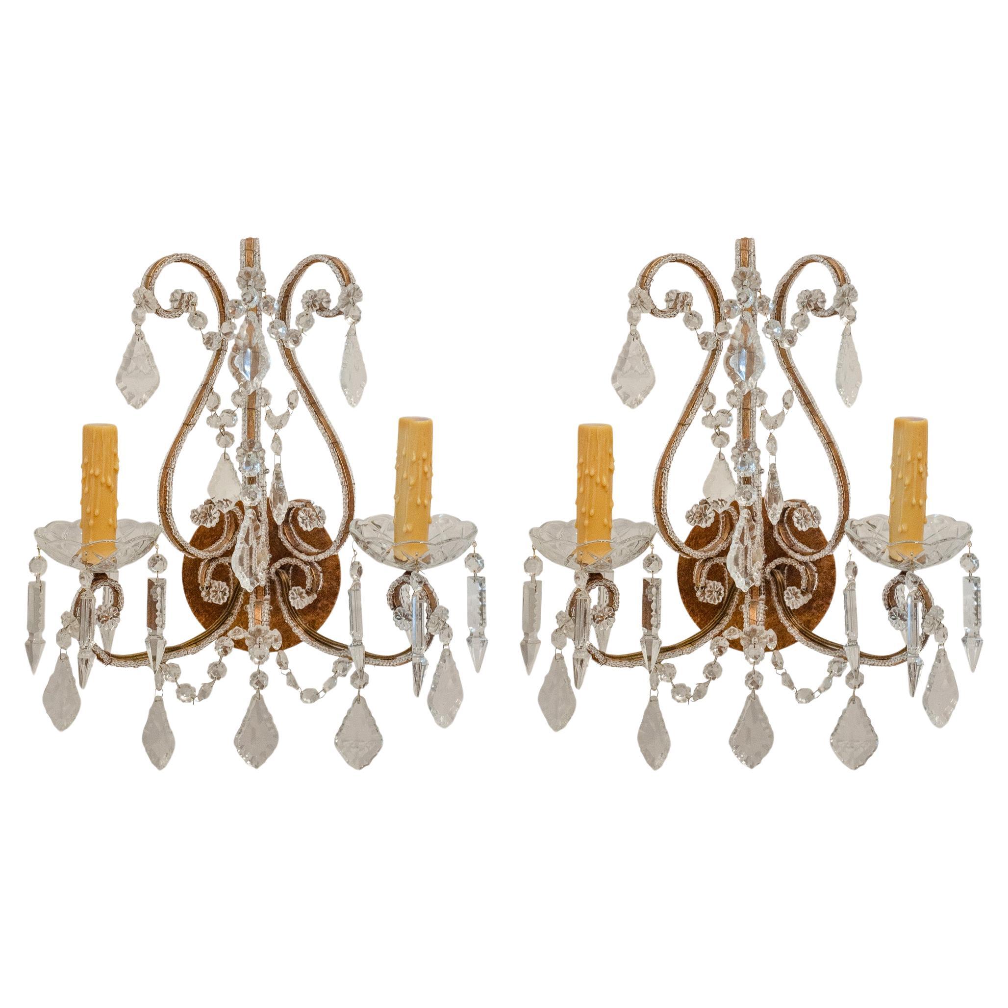 Reproduction Pair of Italian Beaded Crystal and Aged Brass Sconces