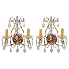 Reproduction Pair of Italian Beaded Crystal and Aged Brass Sconces