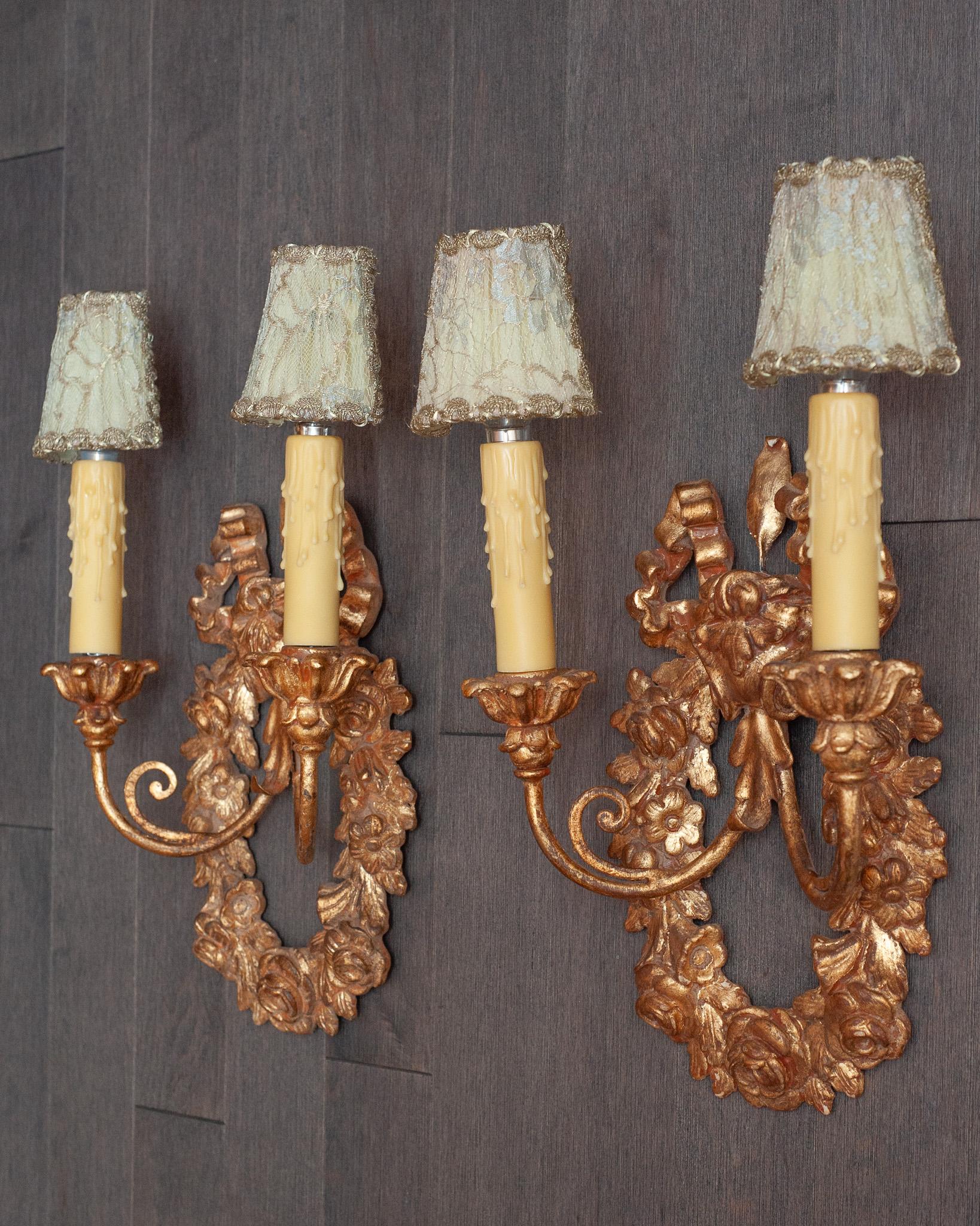 Reproduction Pair of Italian Giltwood Floral Wreath Sconces with Silk Shades In Good Condition In Toronto, ON