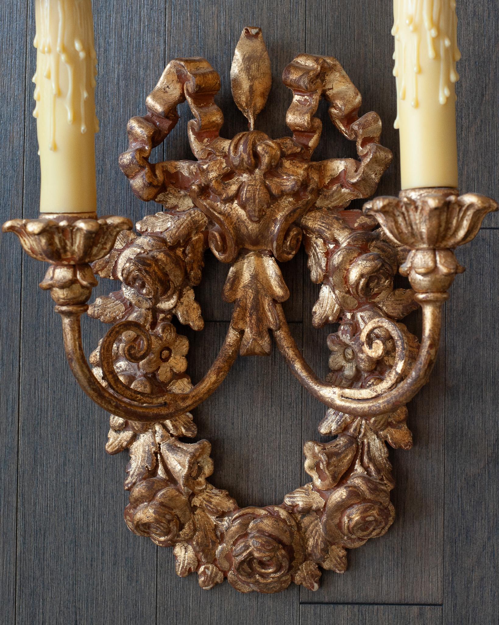Contemporary Reproduction Pair of Italian Giltwood Floral Wreath Sconces with Silk Shades