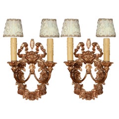 Reproduction Pair of Italian Giltwood Floral Wreath Sconces with Silk Shades