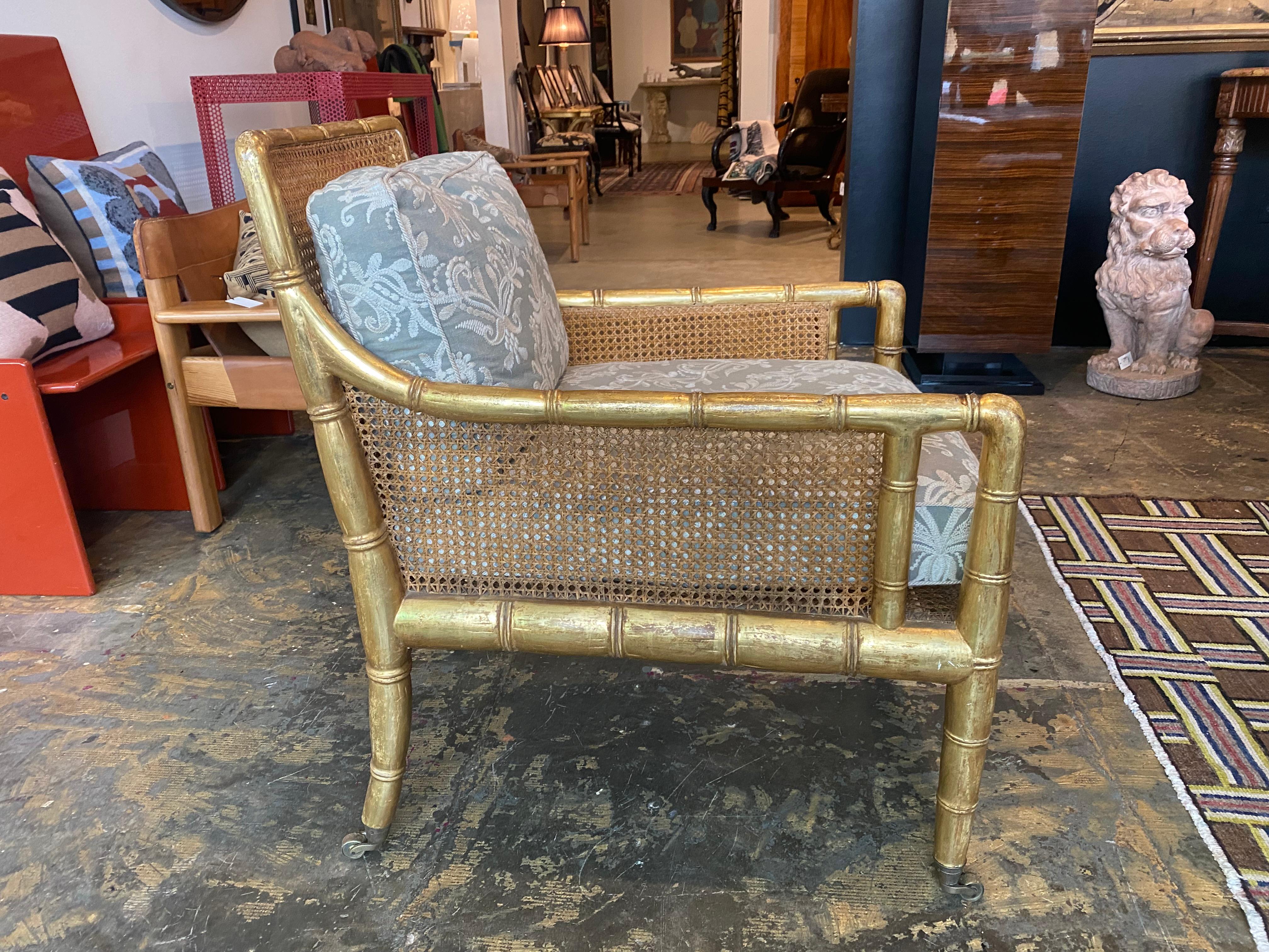 North American Reproduction Regency Gilt Bamboo Caned Bergere