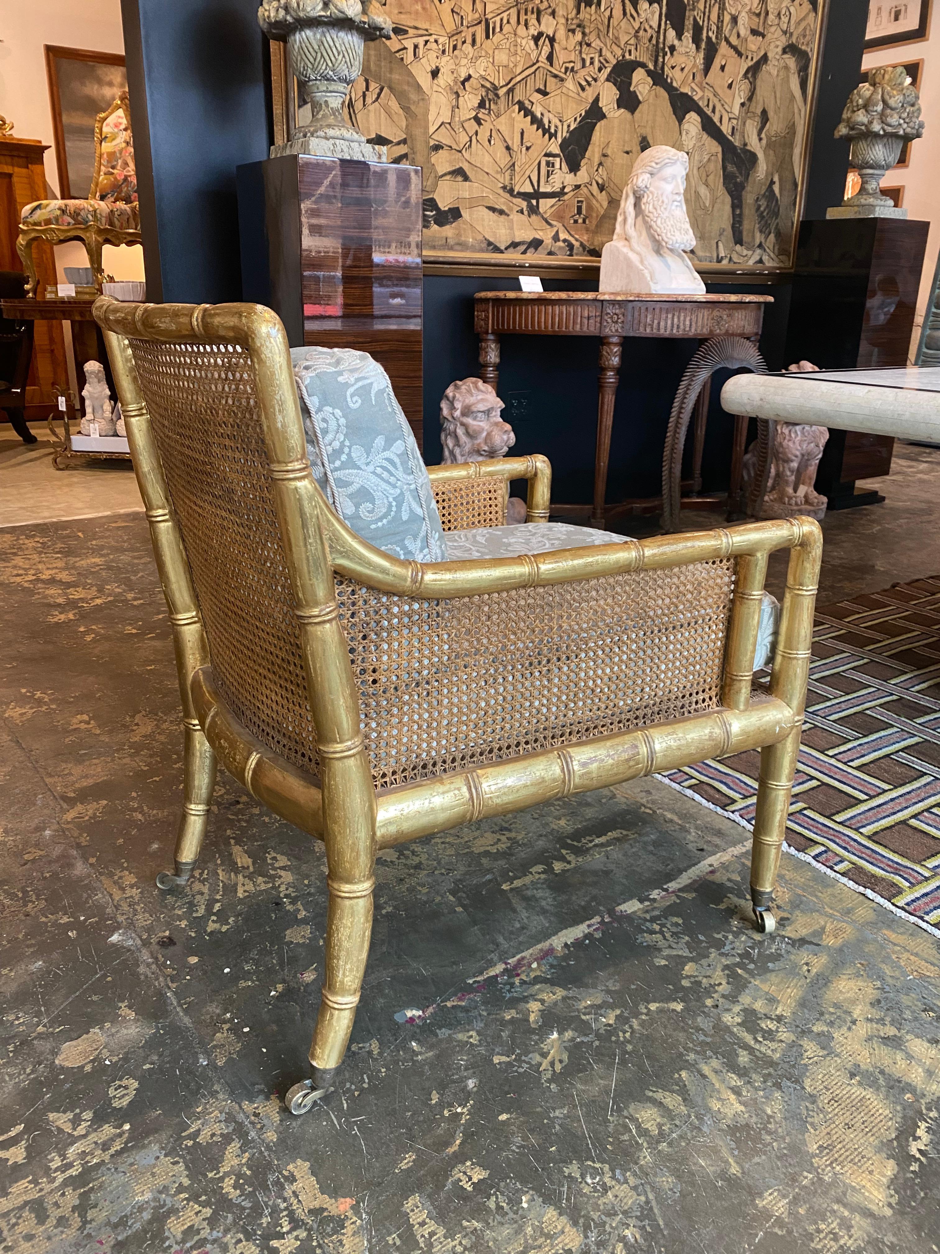 Reproduction Regency Gilt Bamboo Caned Bergere In Good Condition In Memphis, TN