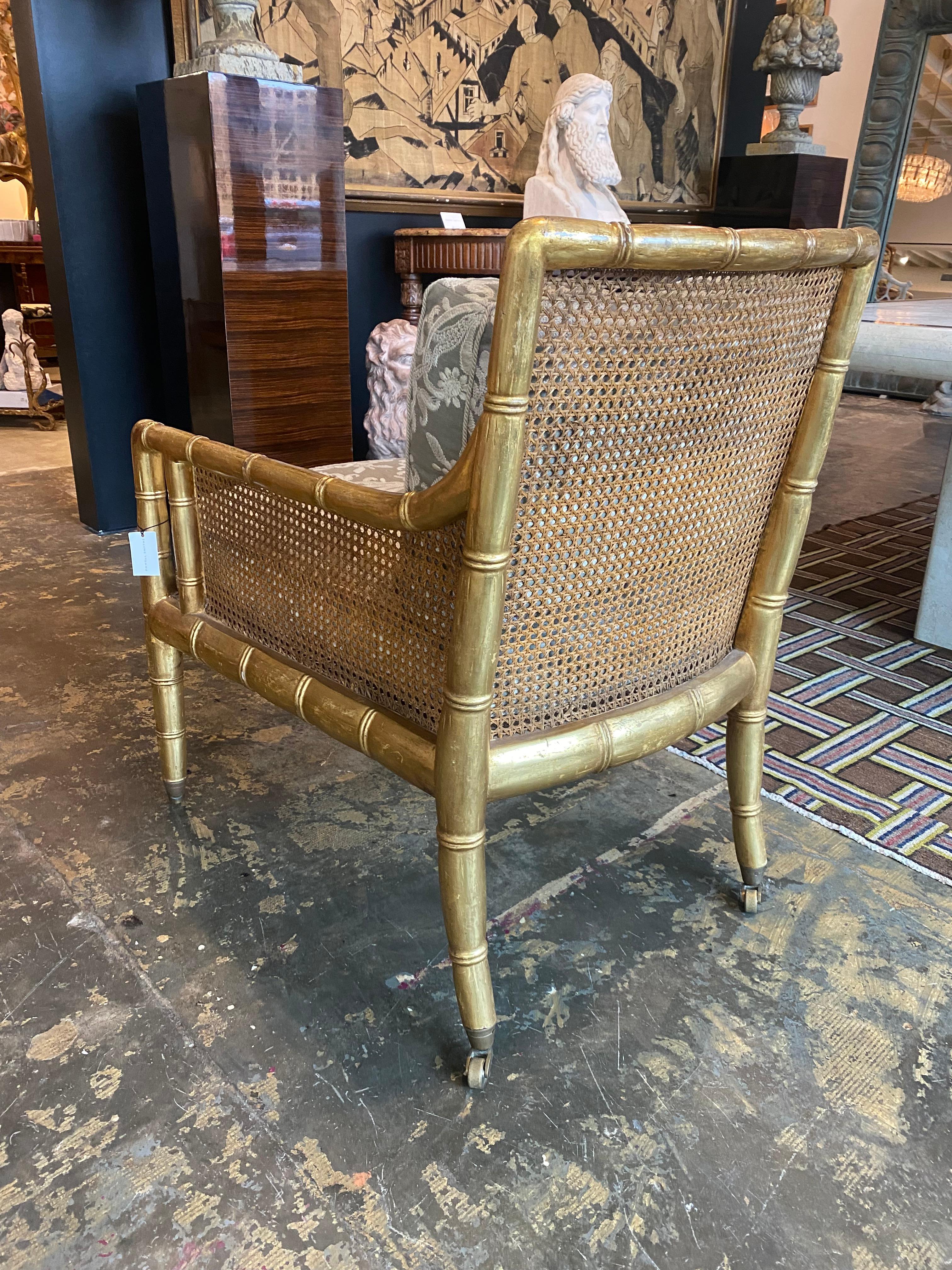 Contemporary Reproduction Regency Gilt Bamboo Caned Bergere