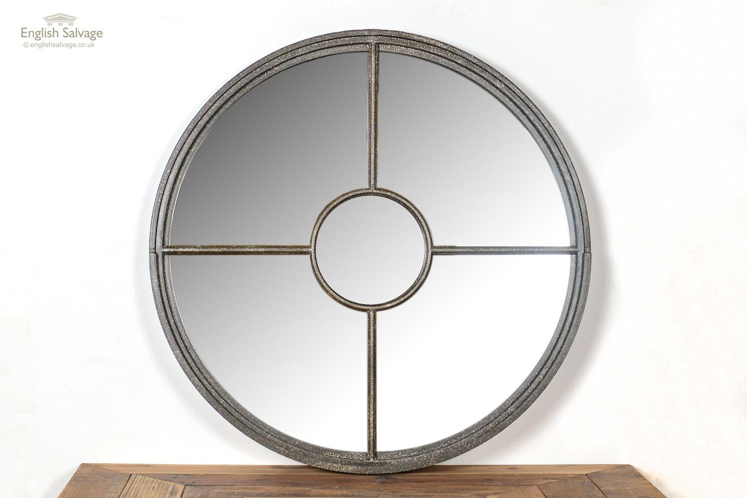 New metal fixed round window mirror. Can be used indoors and outdoors, if outdoors it will weather over time.