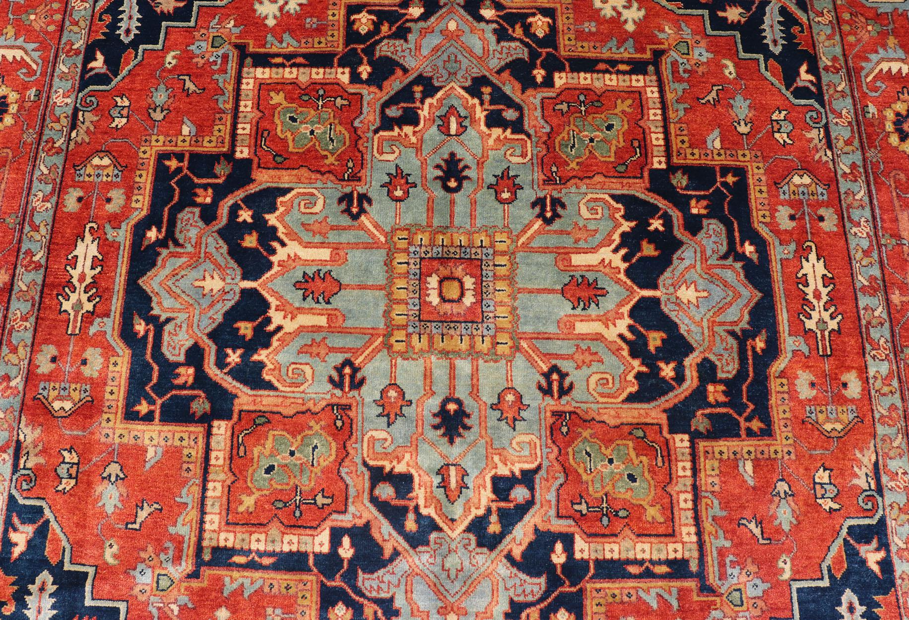 Reproduction Serapi-Heriz Medallion Geometric Hand-Knotted Carpet  For Sale 5