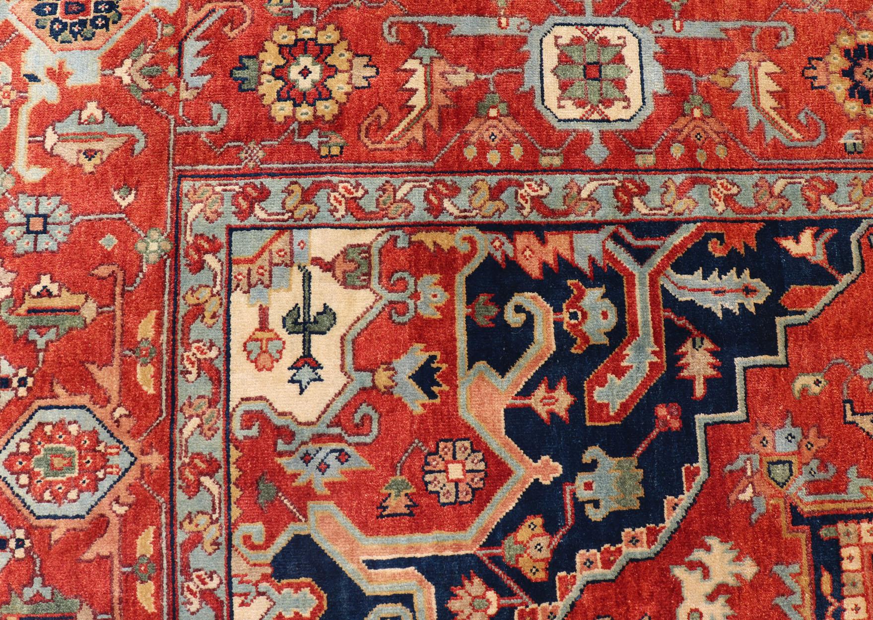 Reproduction Serapi-Heriz Medallion Geometric Hand-Knotted Carpet  For Sale 8