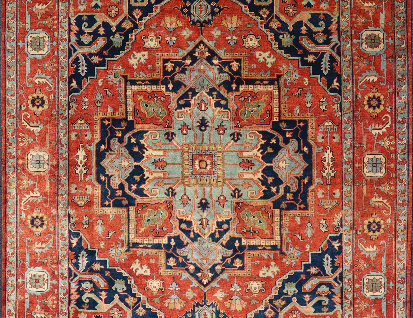 Indian Reproduction Serapi-Heriz Medallion Geometric Hand-Knotted Carpet  For Sale