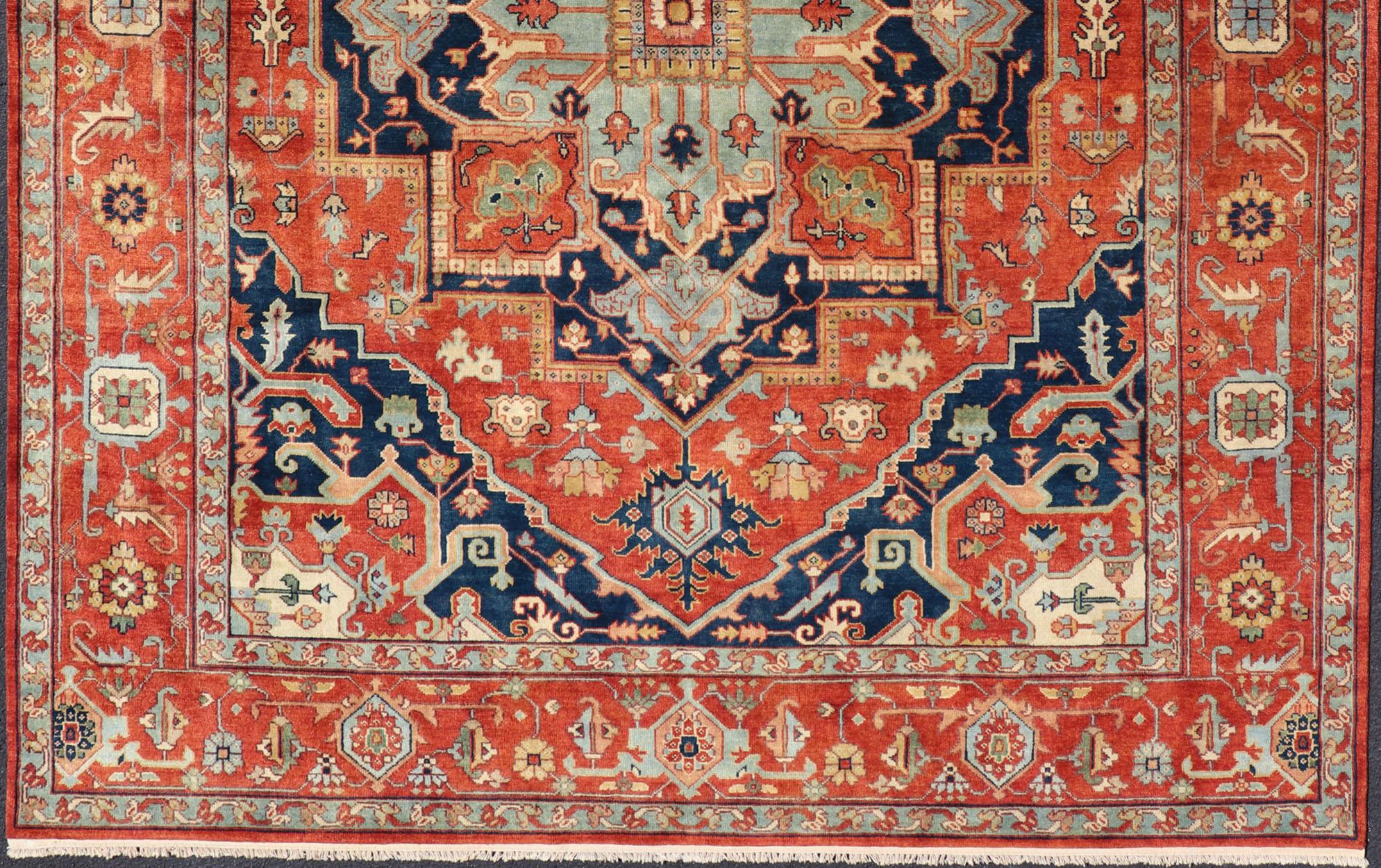 Reproduction Serapi-Heriz Medallion Geometric Hand-Knotted Carpet  In New Condition For Sale In Atlanta, GA