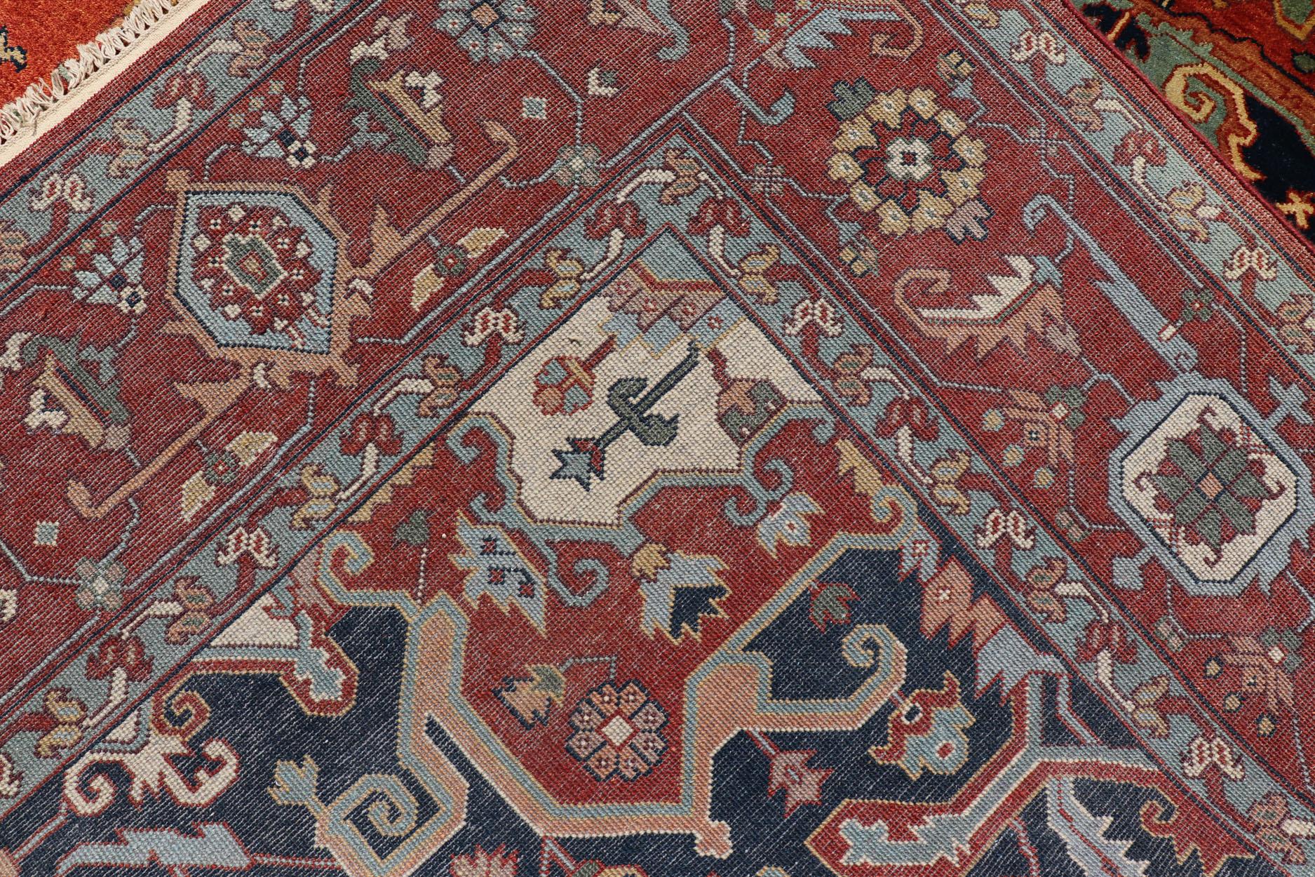 Wool Reproduction Serapi-Heriz Medallion Geometric Hand-Knotted Carpet  For Sale