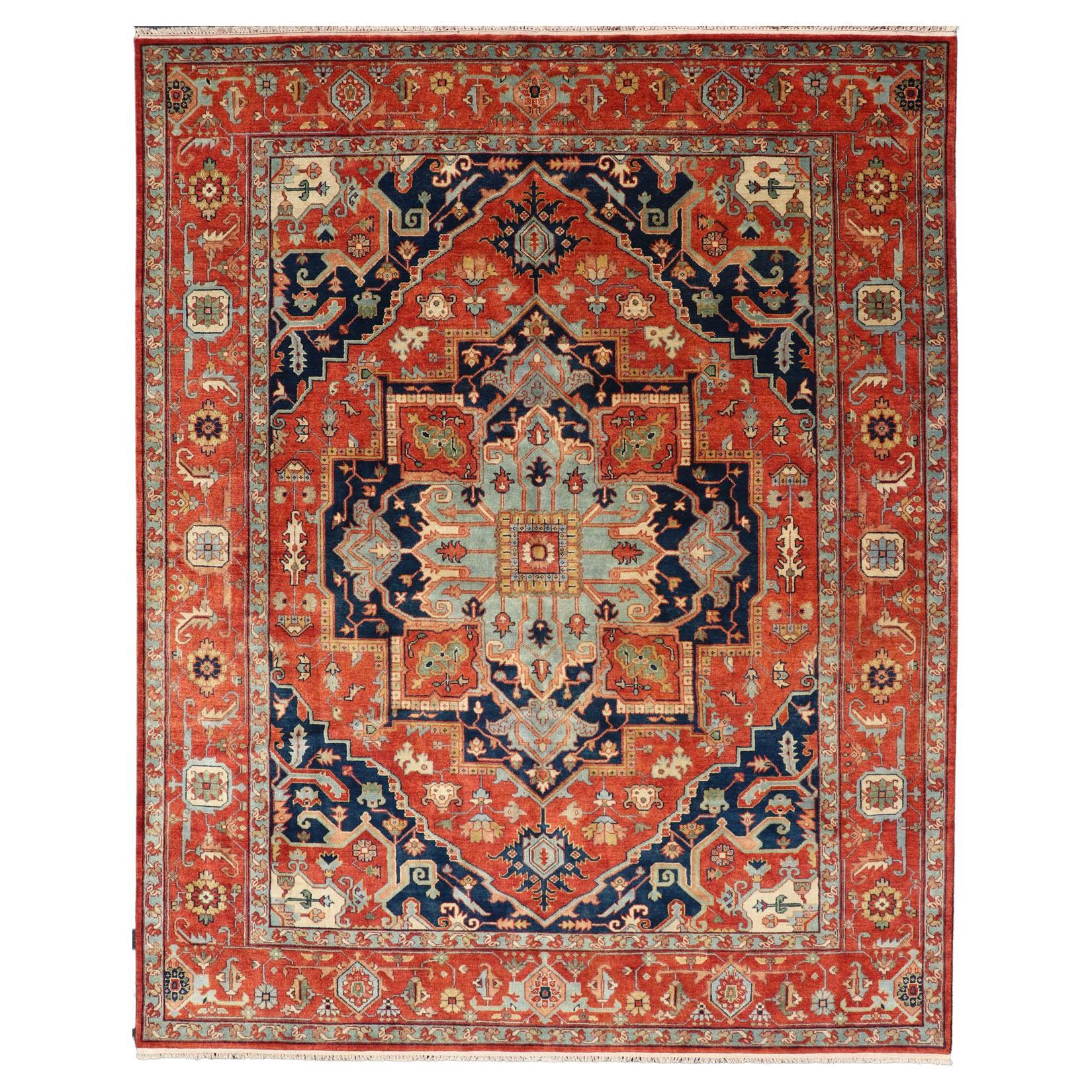 Reproduction Serapi-Heriz Medallion Geometric Hand-Knotted Carpet  For Sale