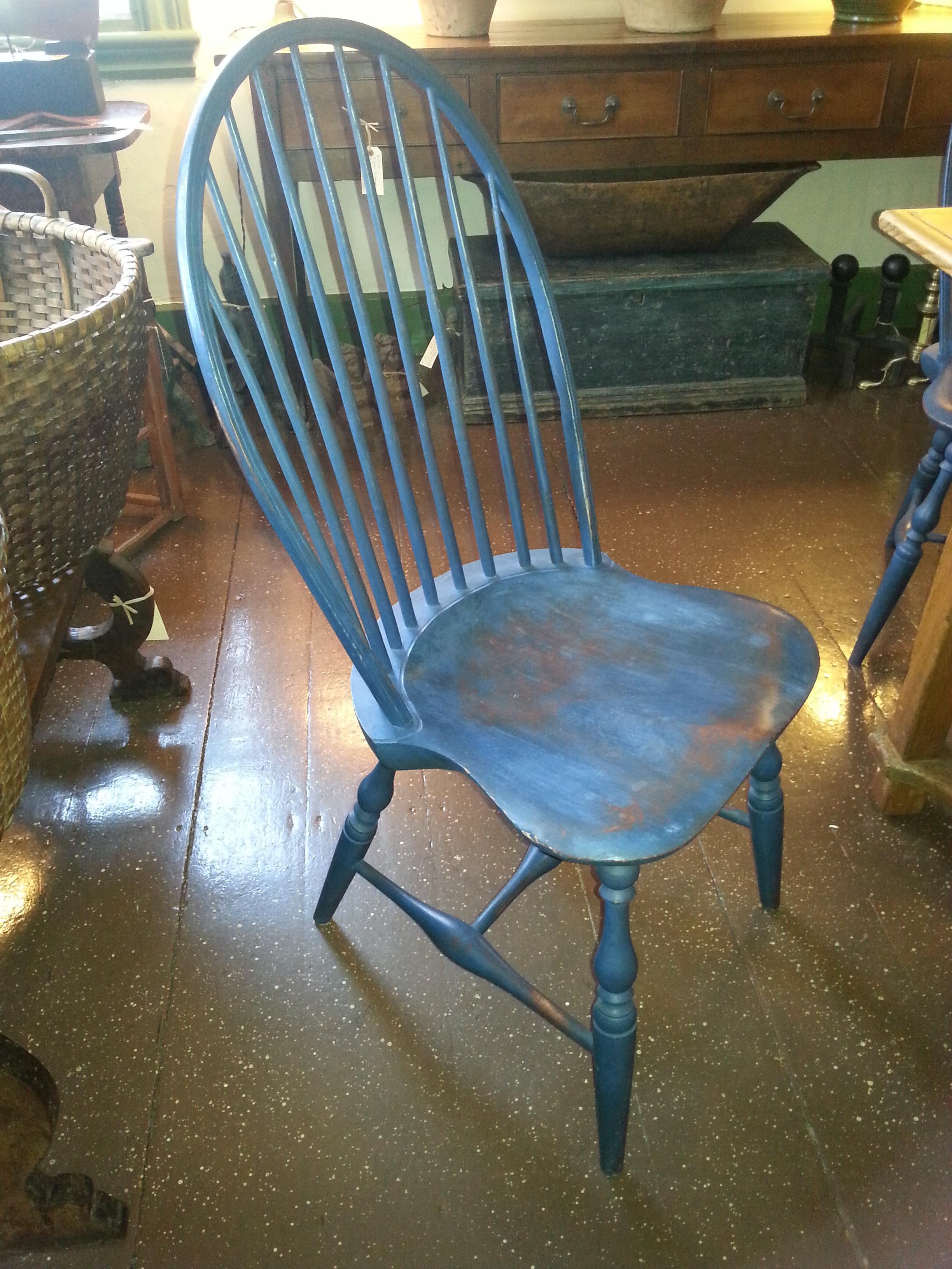 Reproduction spindle back blue side chair.