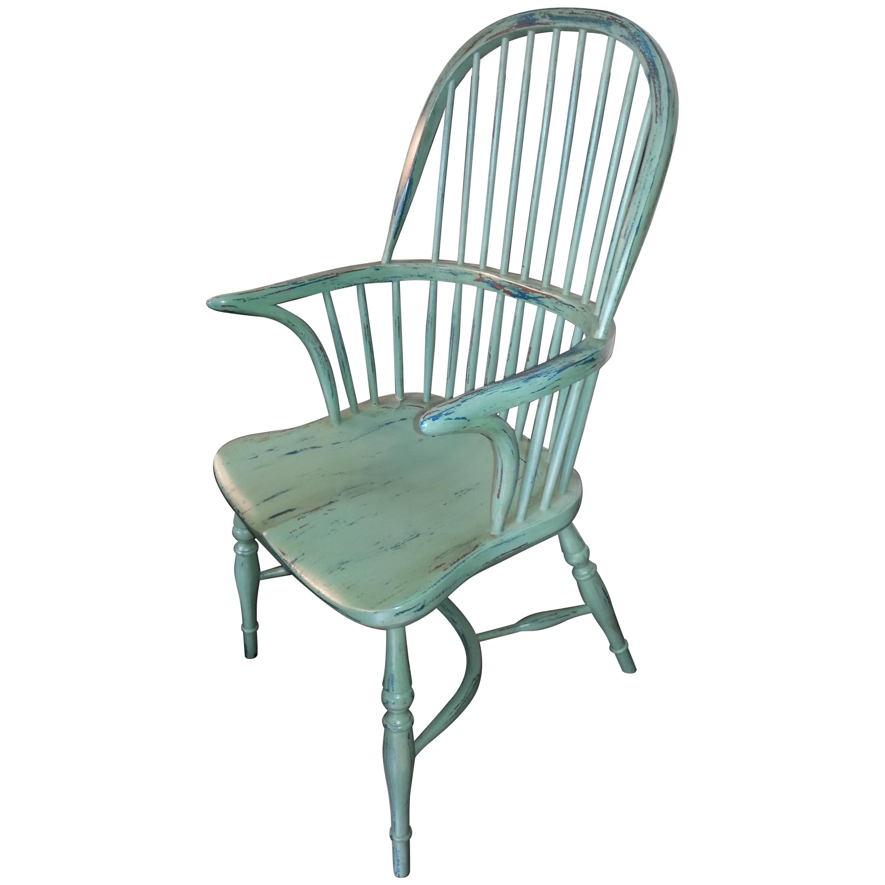 Reproduction Spindle Back Light Green with Blue Underneath Armchair For Sale
