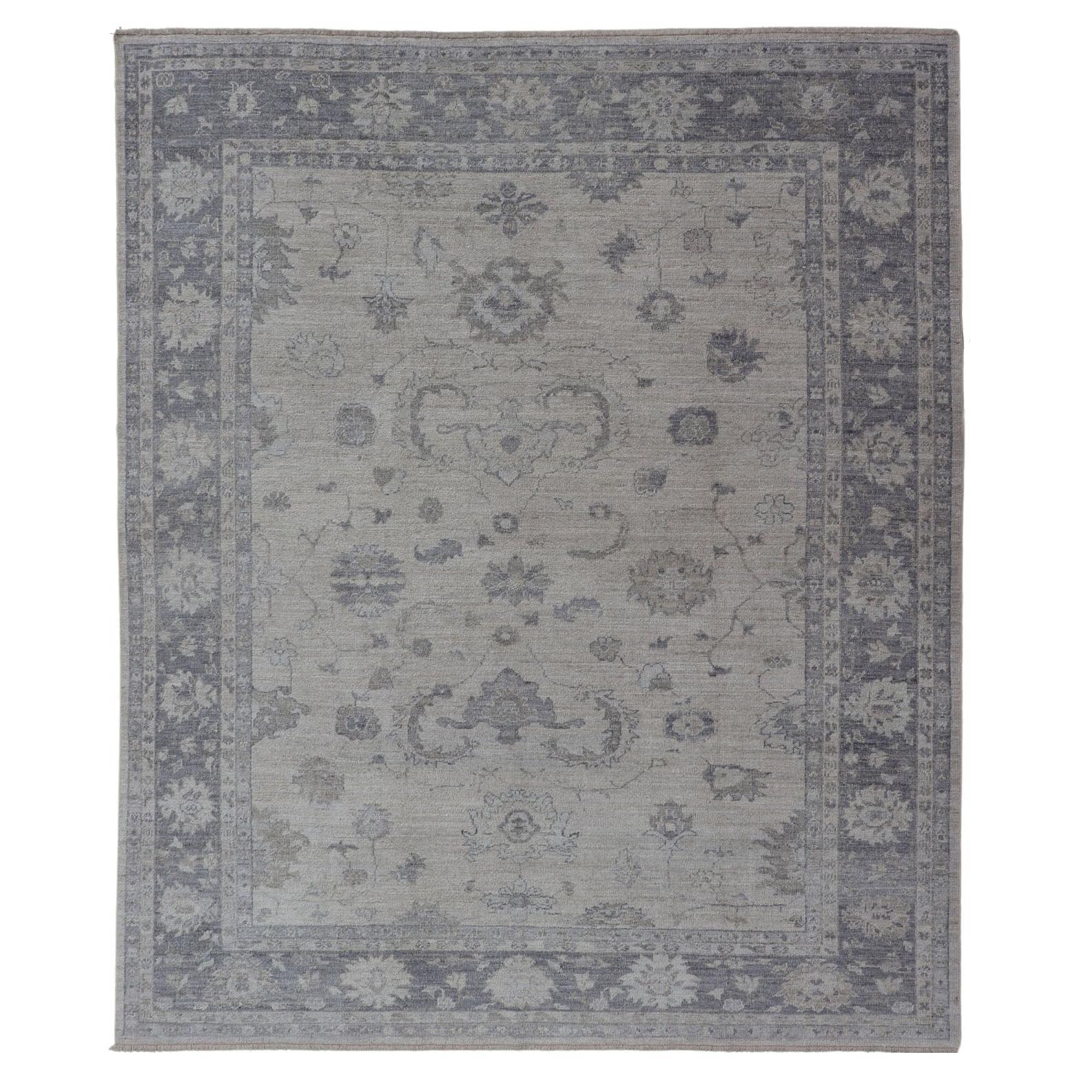 Reproduction Turkish Angora Oushak Rug in Serene Gray and Blue Tones