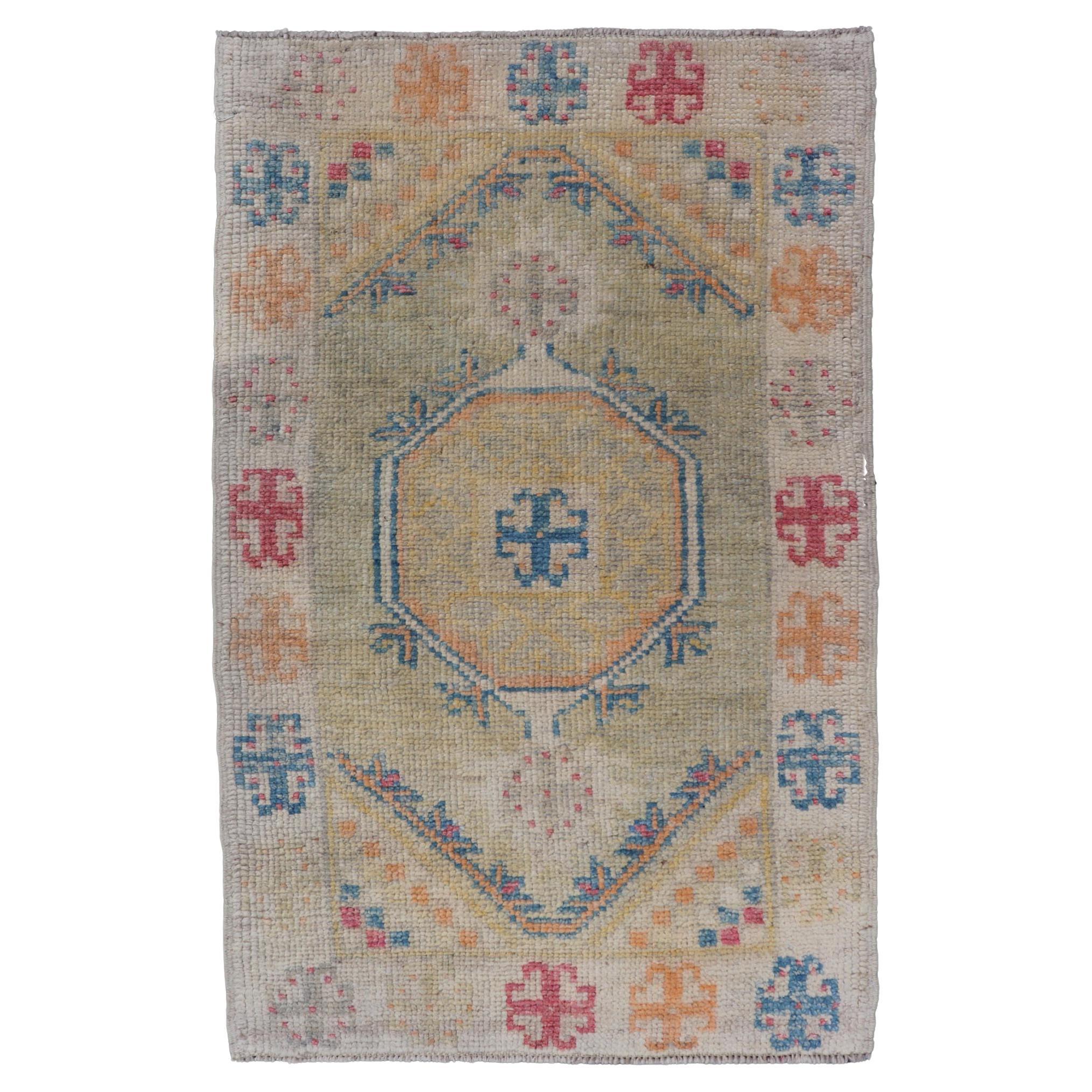 Reproduction Turkish Oushak Rug with Vibrant Multicolor Motifs
