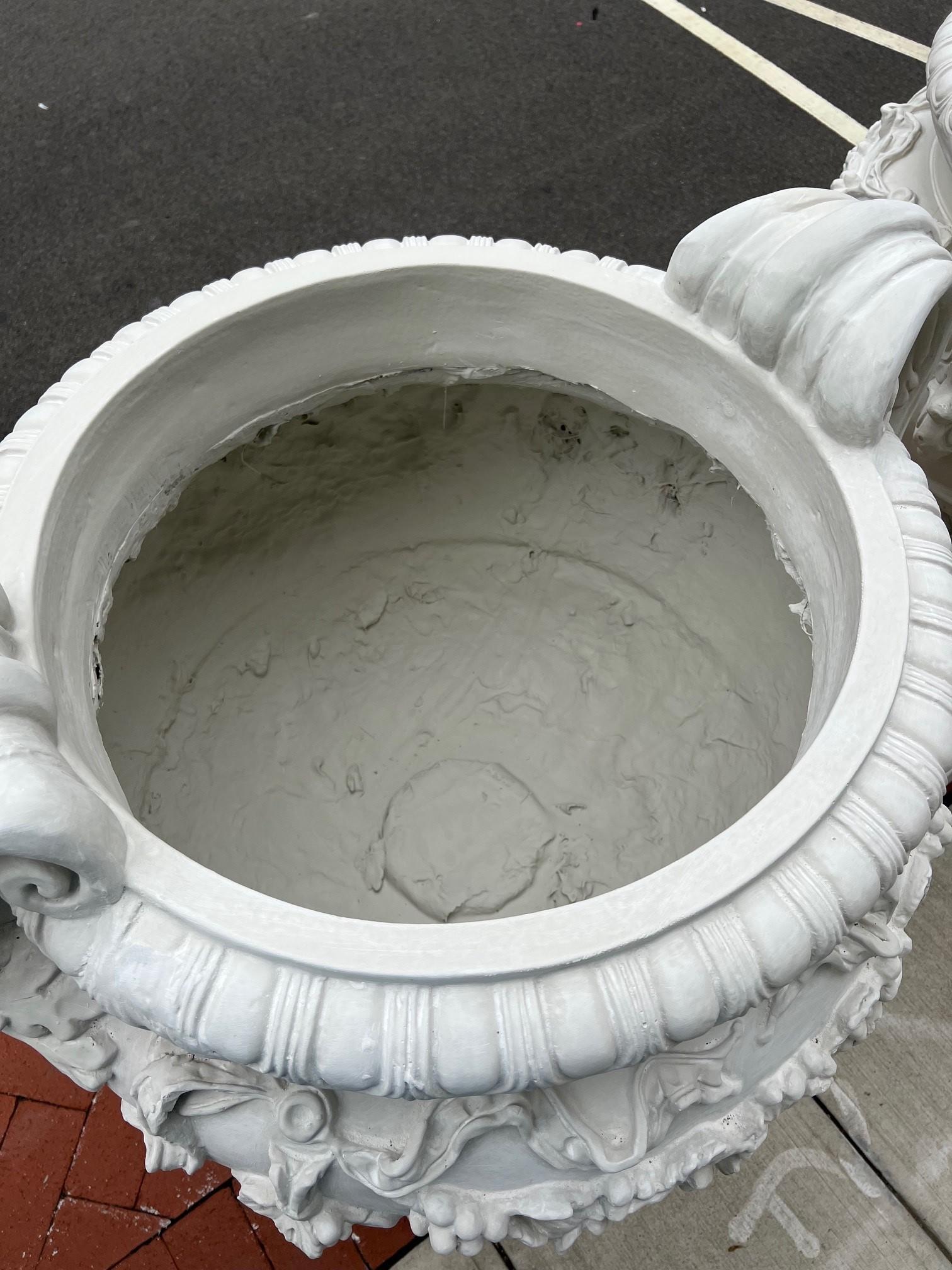 White Fiberglass Urn with Large Handles Grape Vines and Cherubs For Sale 3