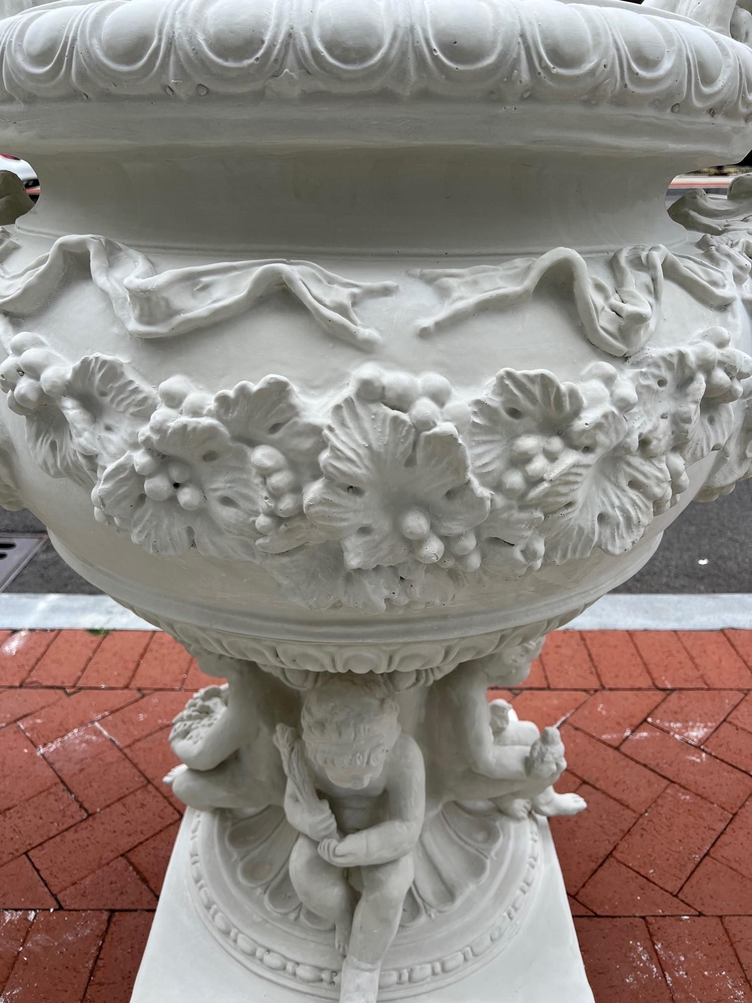 Reproduction White Fiberglass Urn with Large Handles Grape Vines and Cherubs   For Sale 4